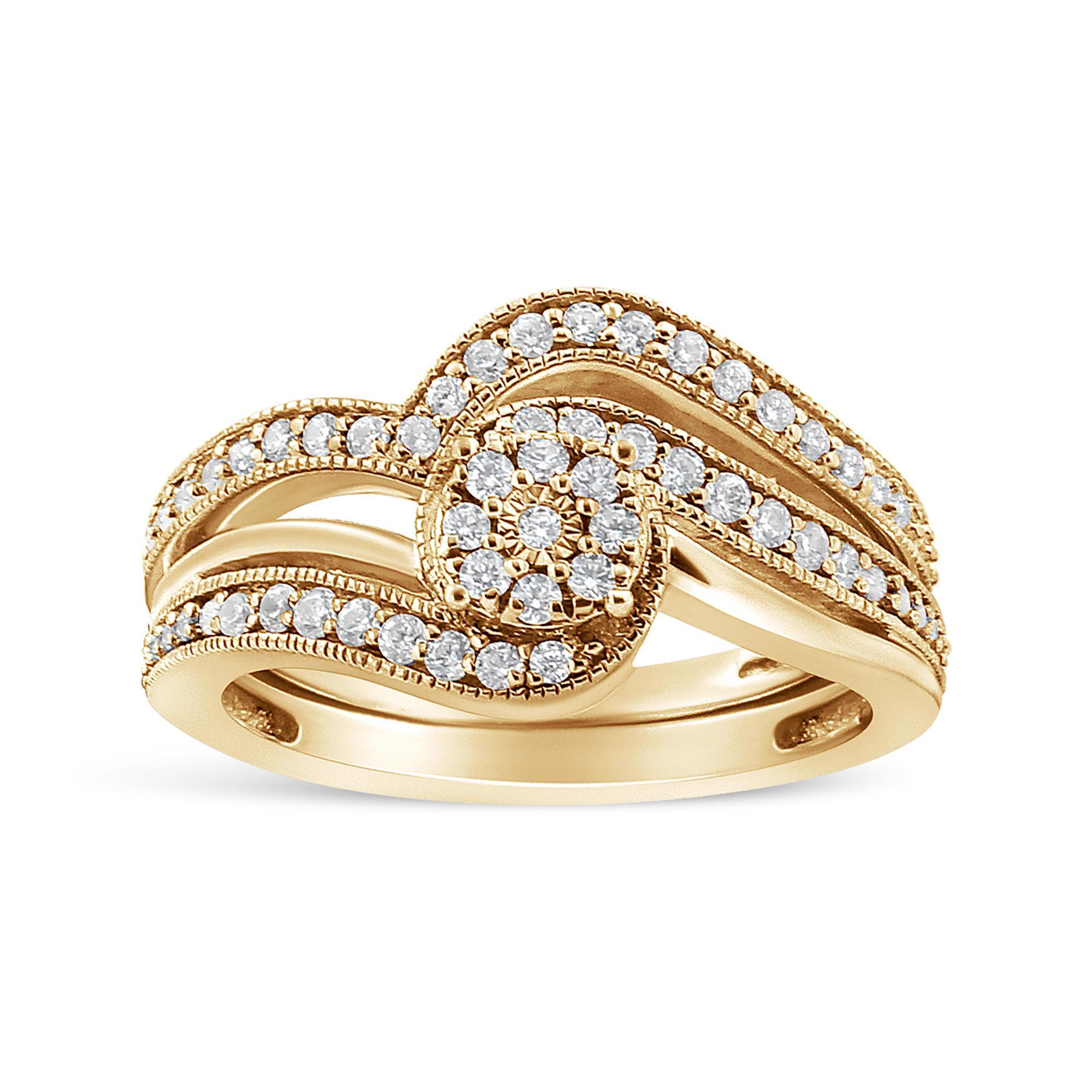 14K Yellow Gold over Silver 1/3ct Multi-Diamond Bypass Bridal Set Ring and Band
