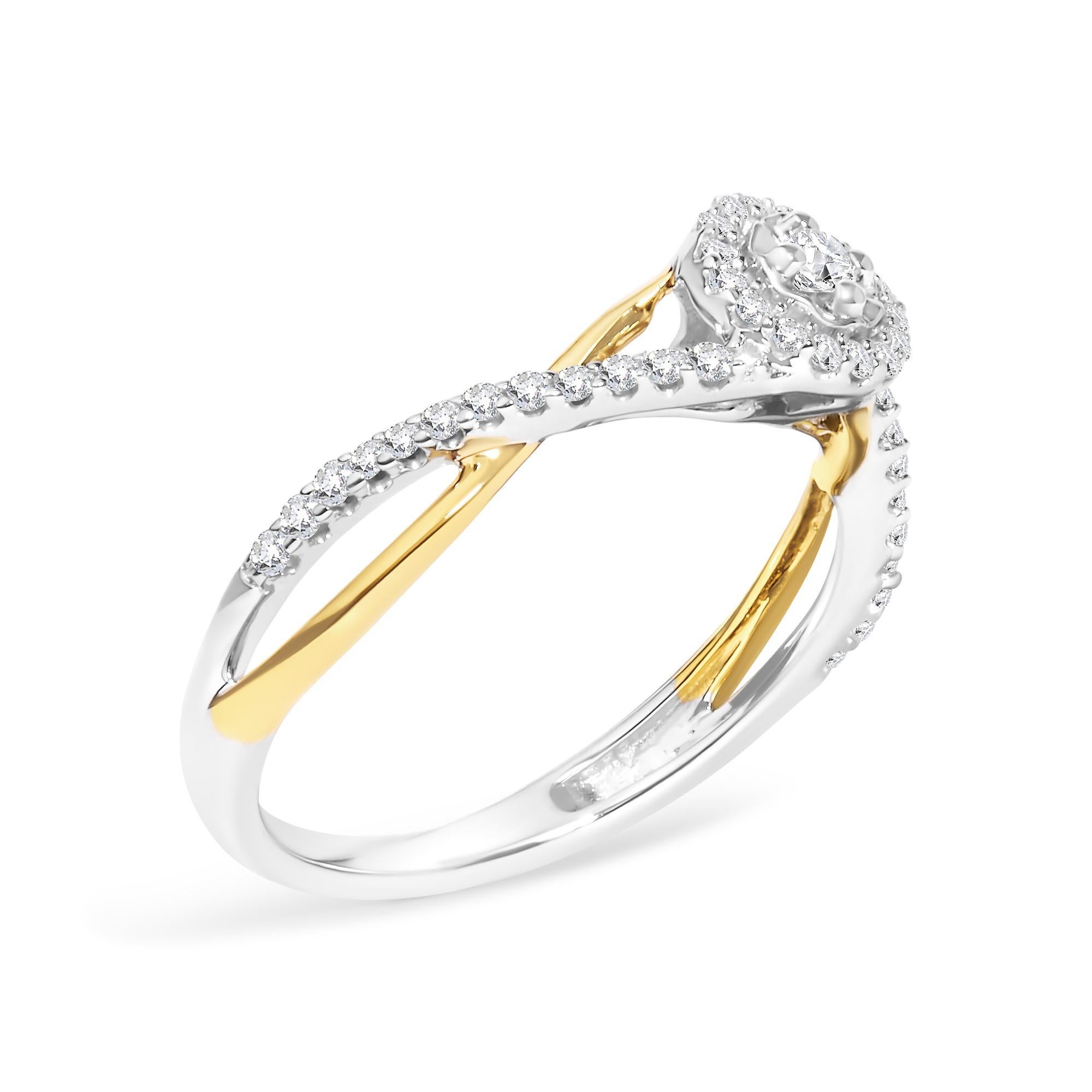 Modern 14K Yellow Gold over Silver 1/4 Cttw Diamond Bypass and Halo Promise Ring For Sale