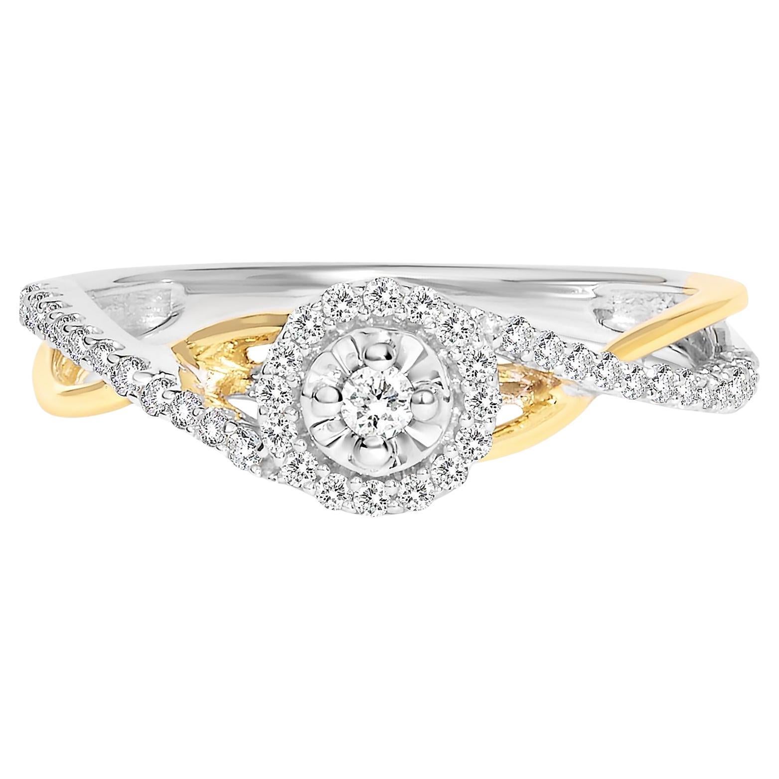 14K Yellow Gold over Silver 1/4 Cttw Diamond Bypass and Halo Promise Ring For Sale