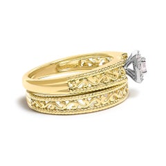 14K Yellow Gold over Silver 1/5 Cttw Diamond Halo and Milgrain Engagement Ring