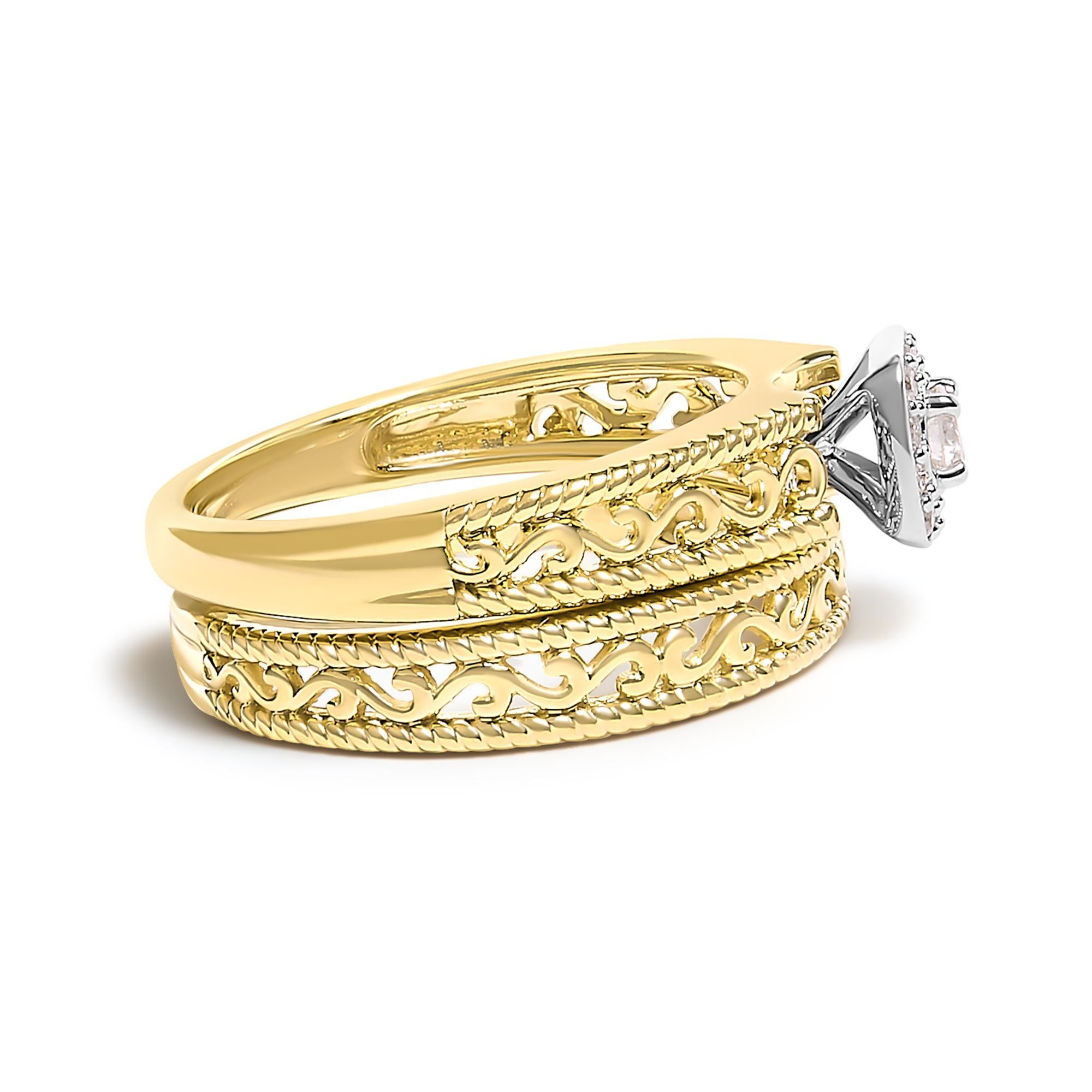 Immergiti nell'eleganza senza tempo di questo set da sposa, dove l'artigianato incontra il lusso in ogni dettaglio. Rivestito con una radiosa placcatura in oro giallo 14 carati su una massa di sterline 925, questo ensemble promette non solo di