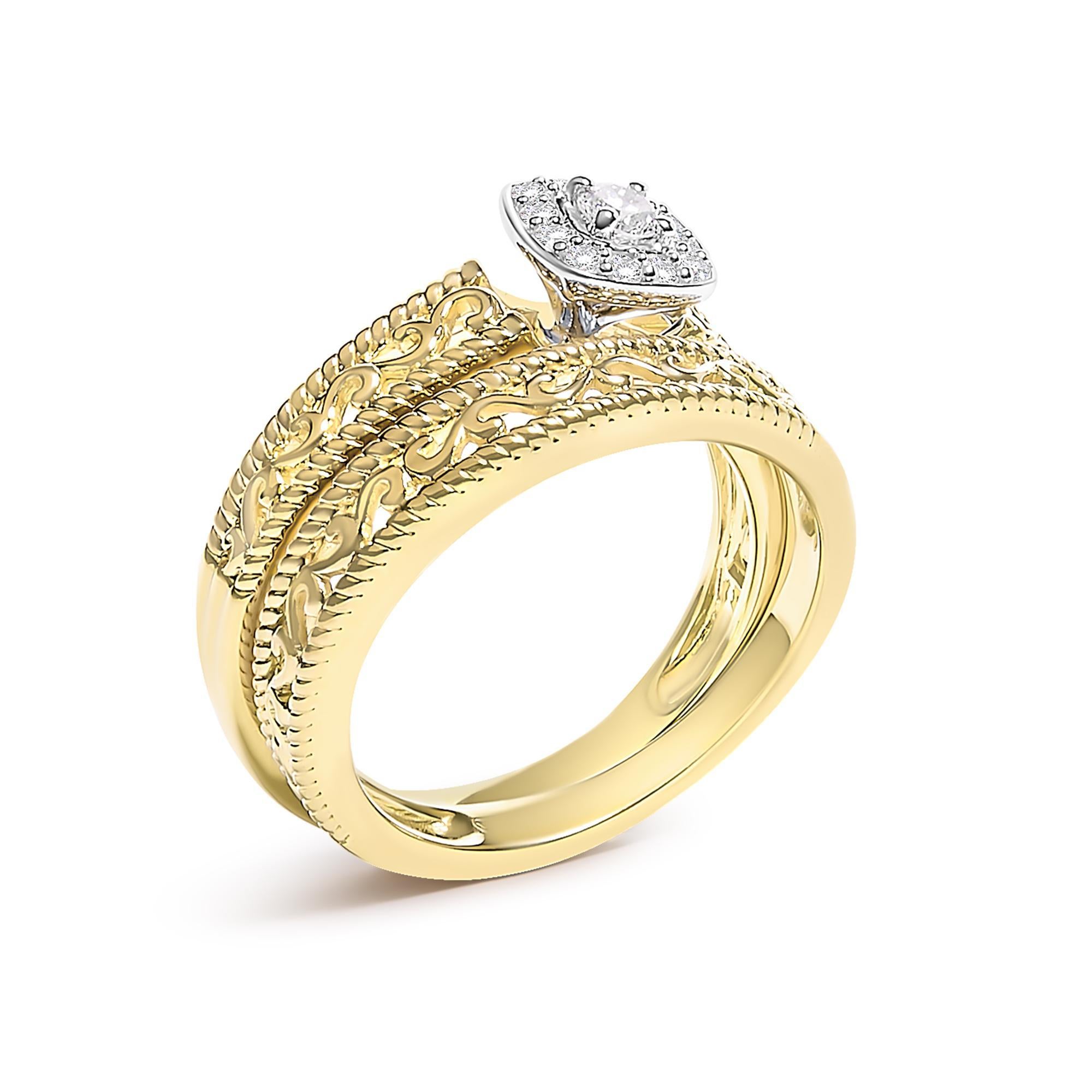 Moderno Anello di fidanzamento con diamante aureolato in oro giallo 14K e argento da 1/5 ct. in vendita
