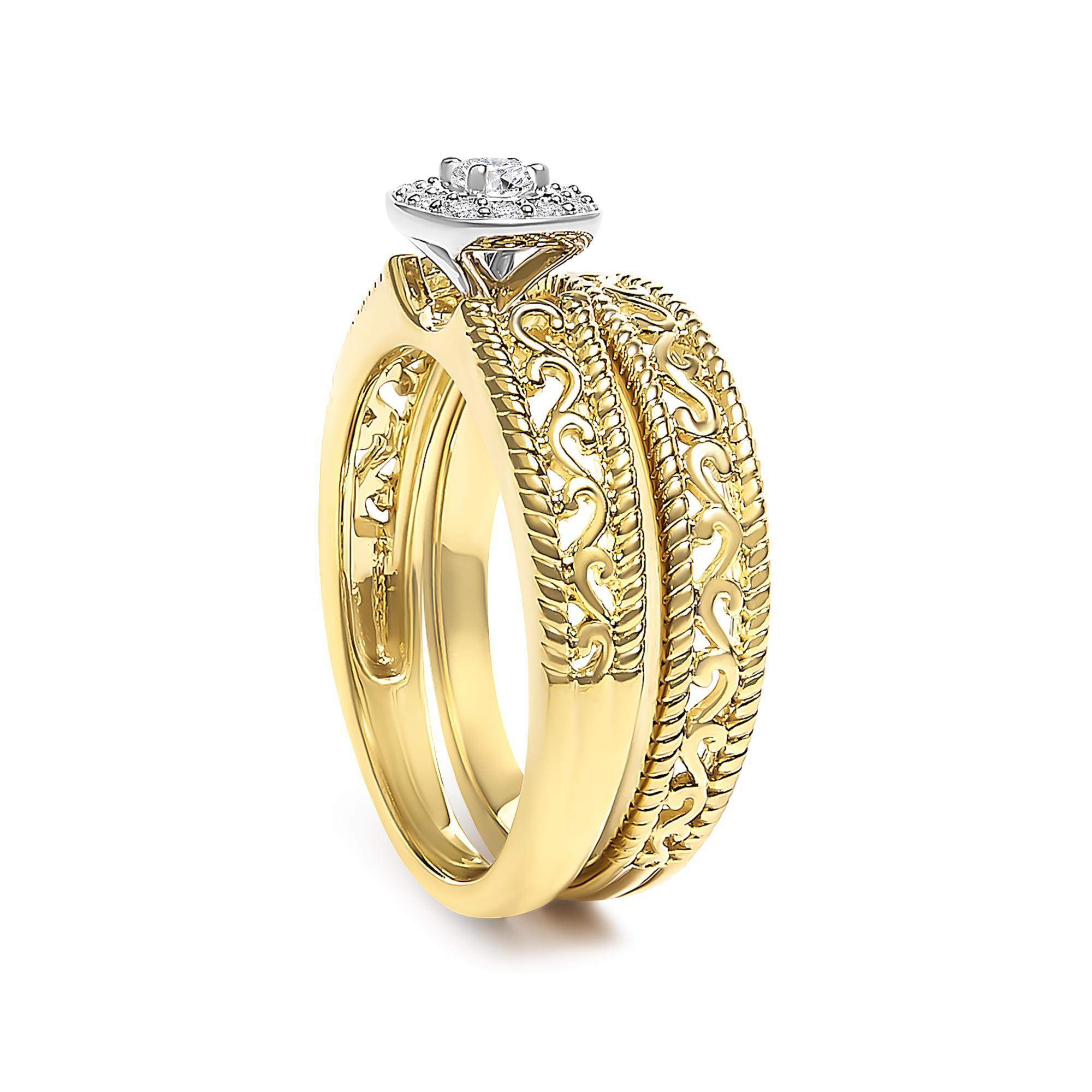 Taglio rotondo Anello di fidanzamento con diamante aureolato in oro giallo 14K e argento da 1/5 ct. in vendita