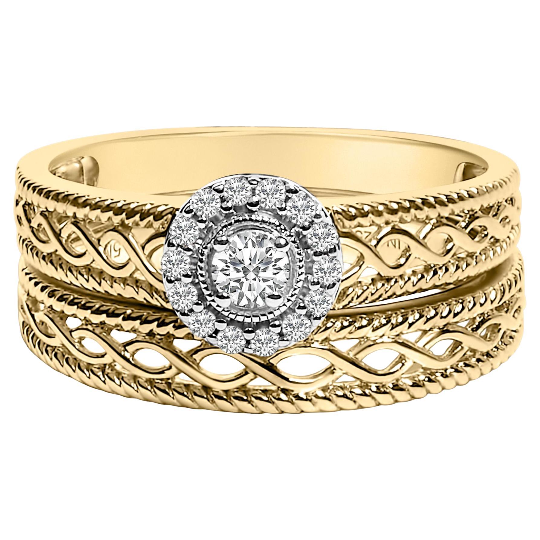 14K Yellow Gold over Silver 1/5 Cttw Diamond Halo Engagement Ring