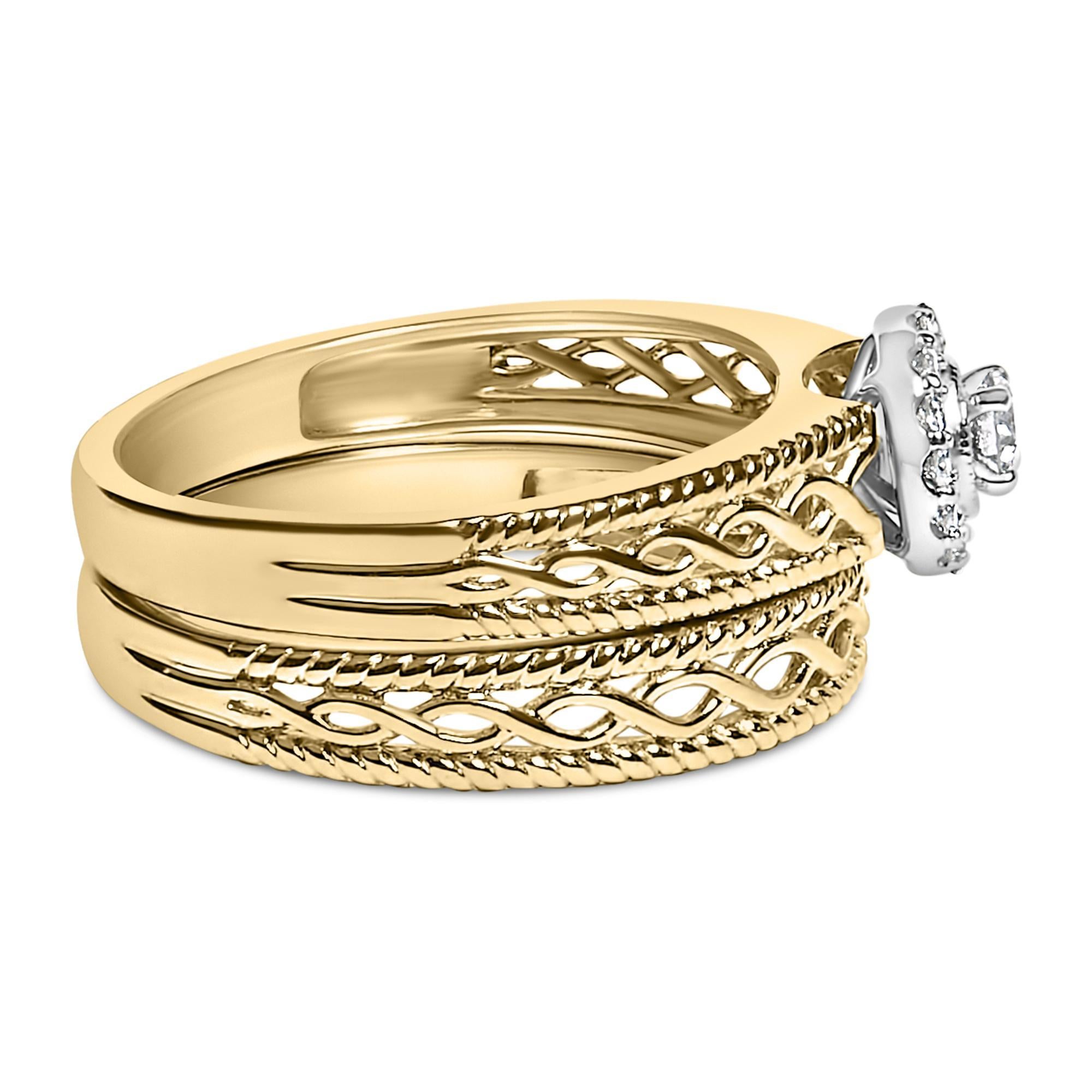 Festeggia l'amore eterno con questo squisito anello di fidanzamento e fede nuziale, realizzati con maestria in argento 925 placcato oro giallo 14 carati. L'insieme presenta un diamante rotondo centrale, racchiuso in un'aureola di pietre