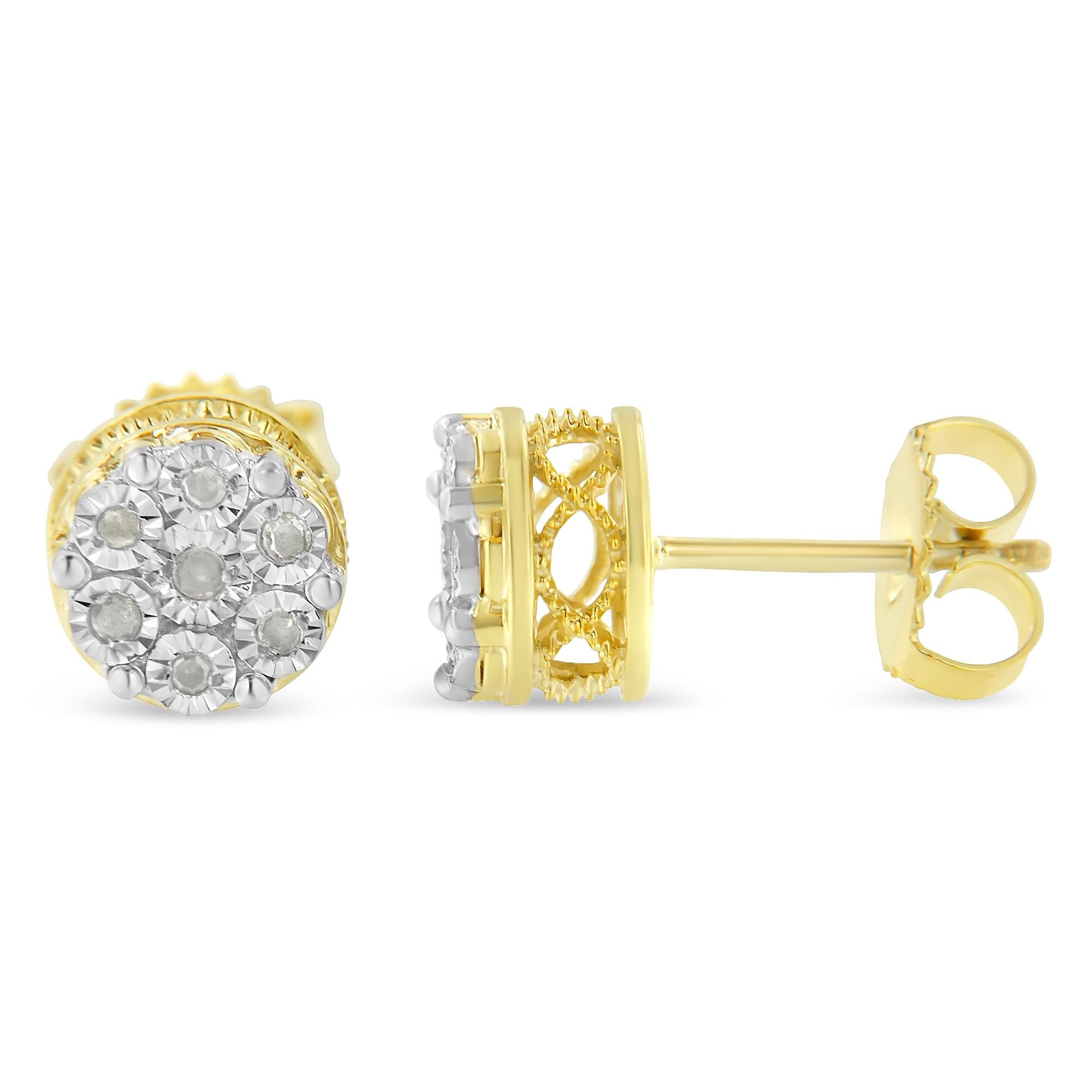 These striking cluster diamond earrings are made in 14k yellow gold plated sterling silver and feature 1/7ct TDW of promo quality round cut diamonds. Each earring features 7 miracle set shimmering diamonds that create a flower shaped cluster. The