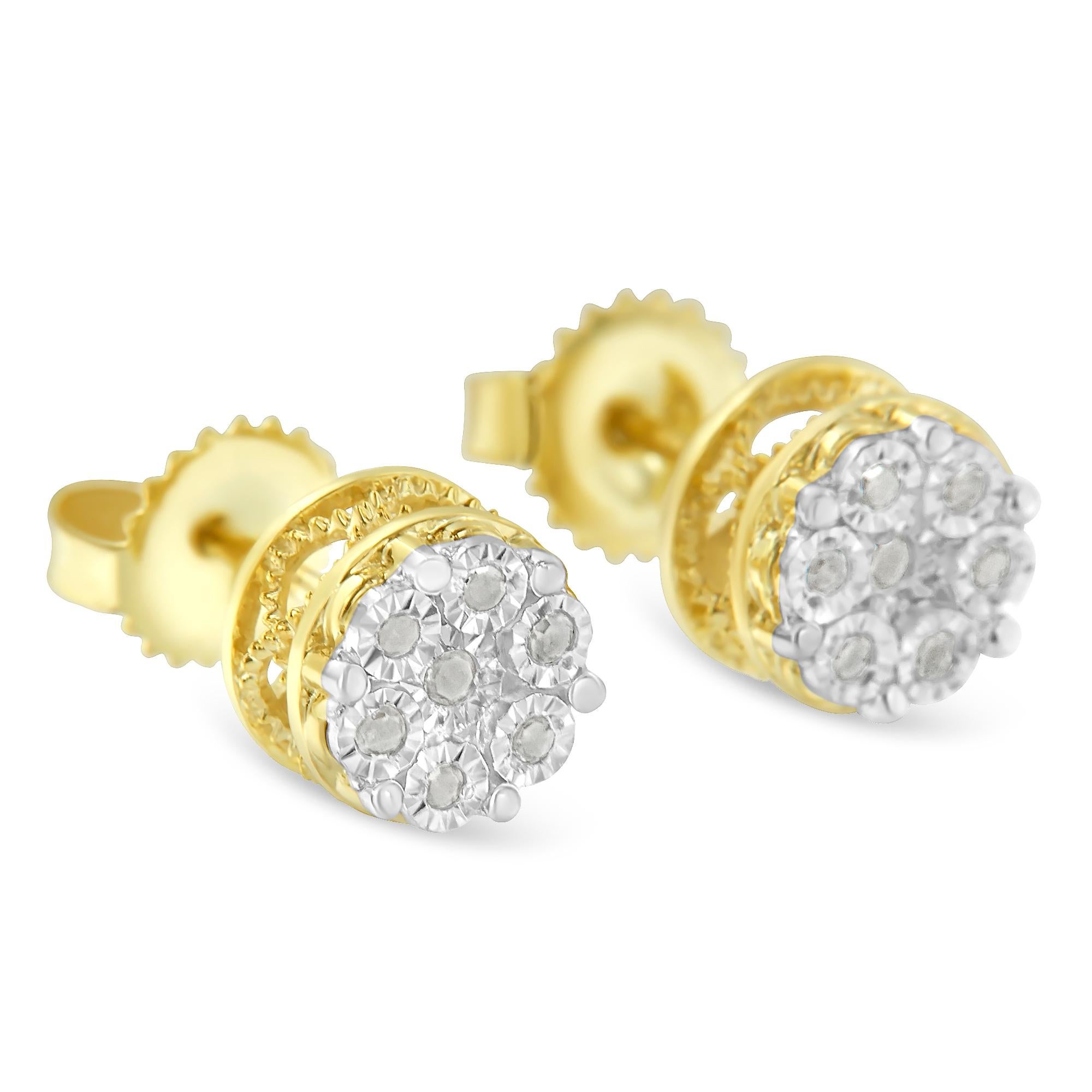 Contemporary 14K Yellow Gold over Silver 1/7 Carat Diamond Miracle Set Stud Earrings For Sale
