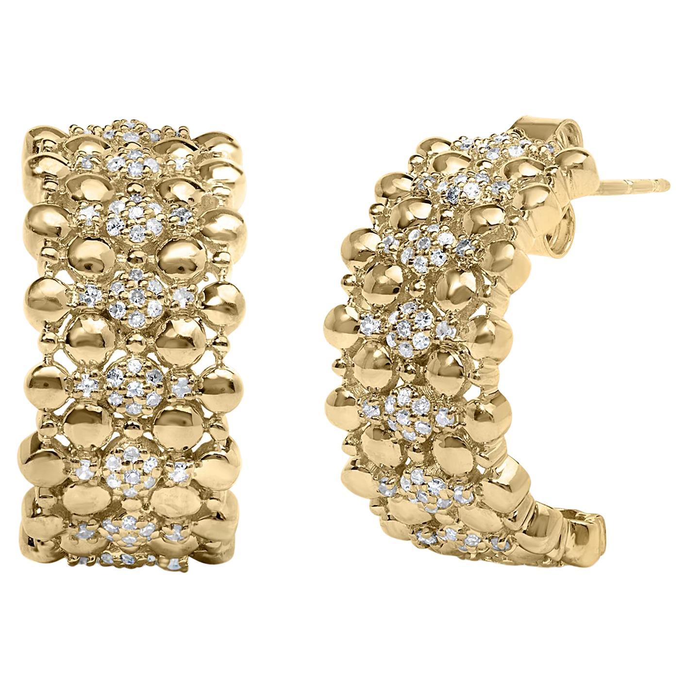 14K Yellow Gold Over Silver 3/8 Cttw Diamond and Ball Bead J Hoop Earrings