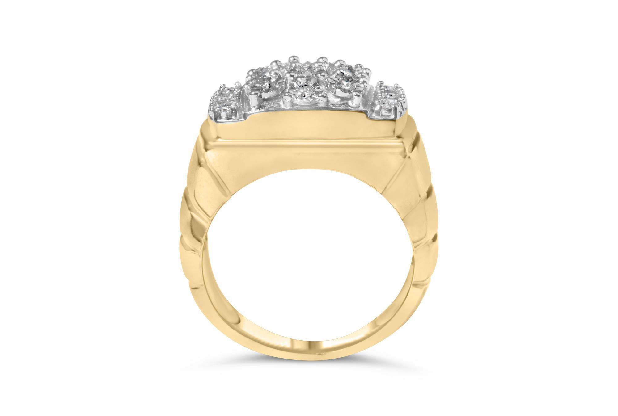 Plongez dans l'étreinte opulente de cette bague de cocktail exceptionnelle, où l'argent sterling .925 est baigné dans un placage d'or jaune 14K, rayonnant d'une chaleur somptueuse et dorée. Façonnée avec art, sa surface est couronnée d'une grappe