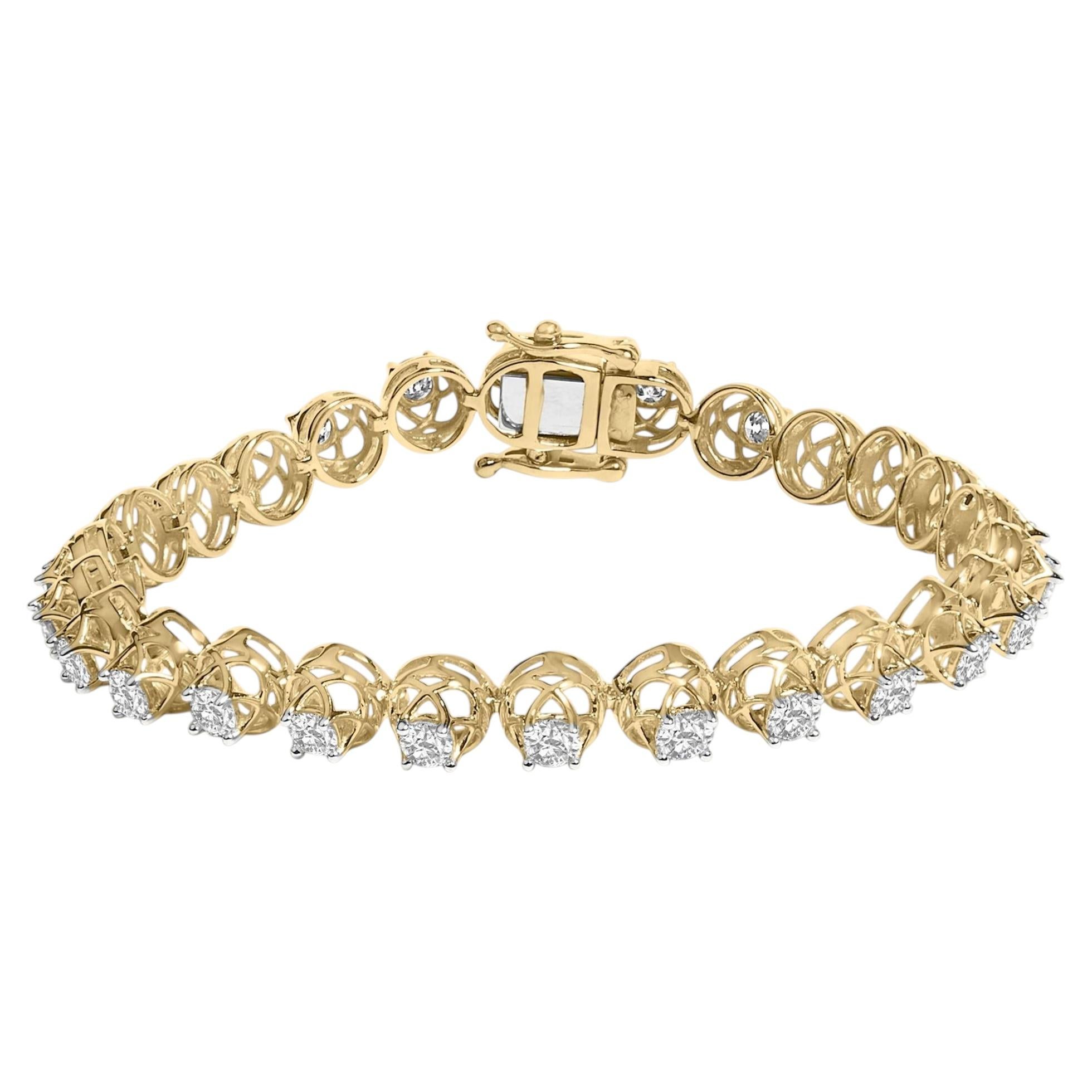 Bracciale da tennis in oro giallo 14K e argento con diamanti da 3 9/10 Cttw in stile Buttercup in vendita