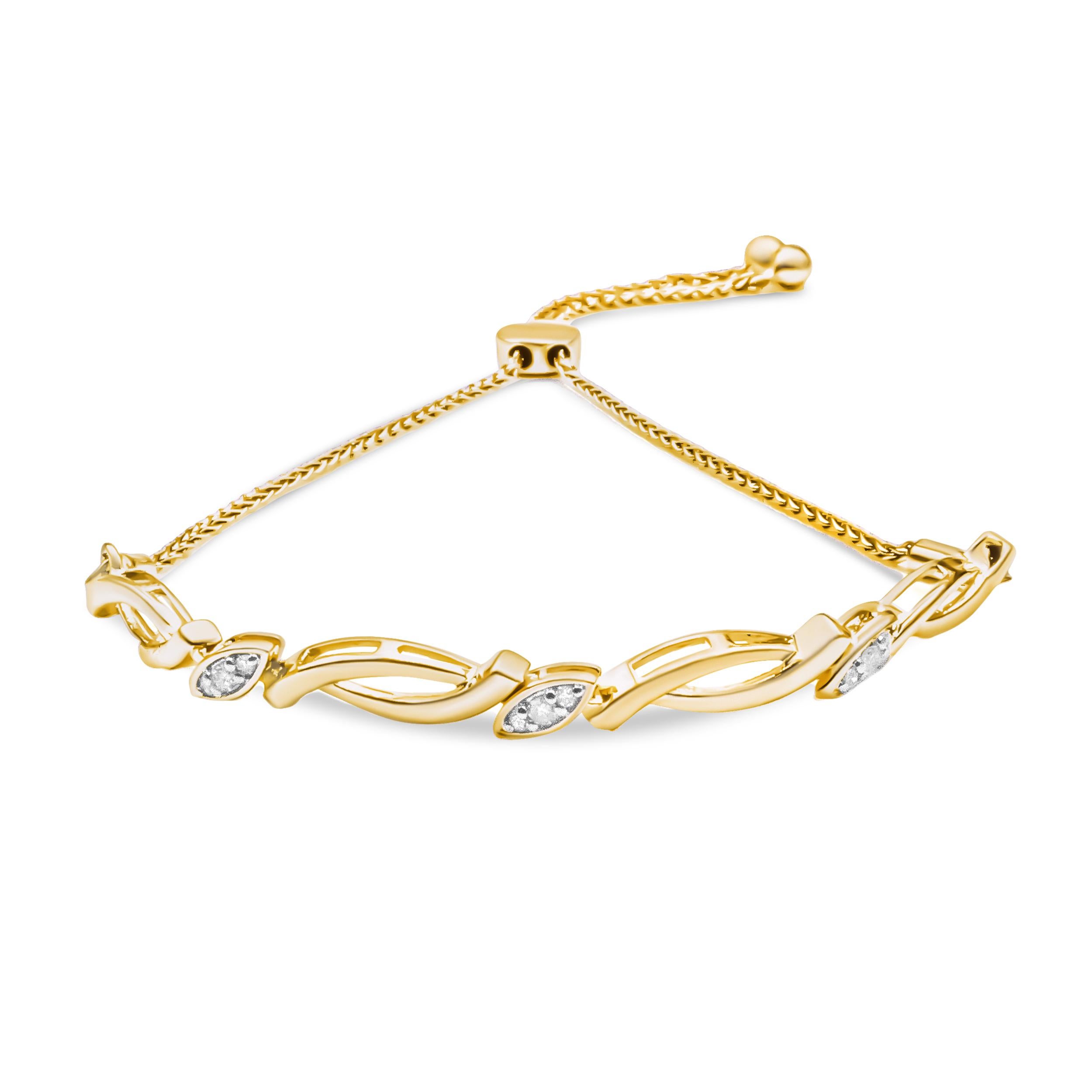 Trendy yet everlasting, this diamond accent bolo bracelet has a beautiful alternating design of infinity links and natural round-cut diamonds. The bracelet is crafted in genuine .925 sterling silver and plated with luxurious 14k yellow gold. The