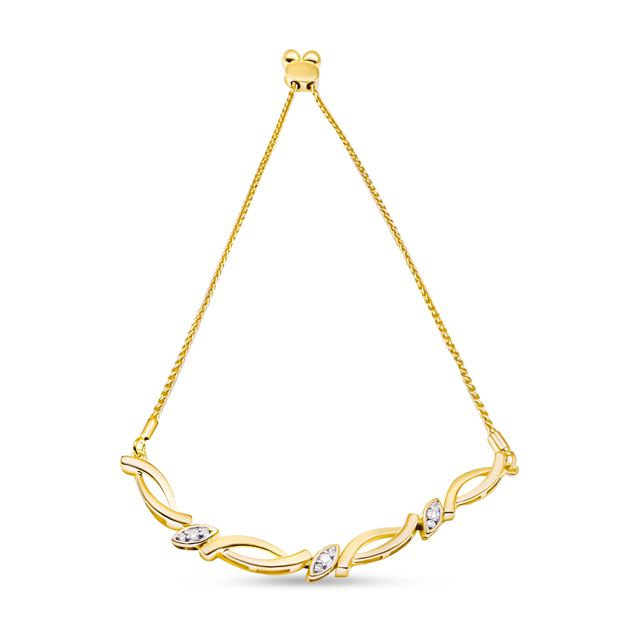 Modern 14K Yellow Gold over Silver Diamond Accent Alternating Swirl Link Bolo Bracelet For Sale