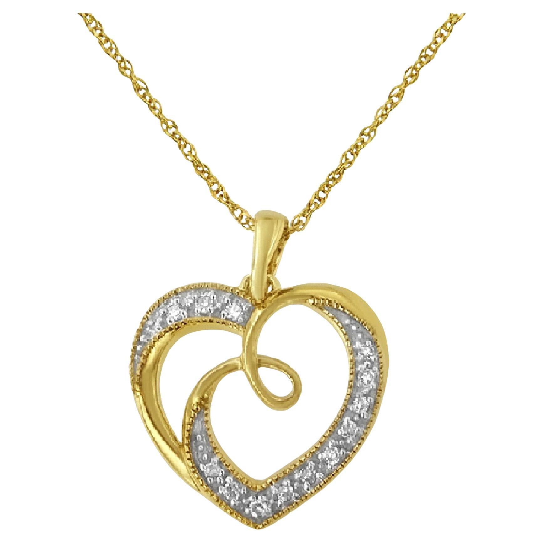 14K Yellow Gold Over Silver Diamond Accent Ribbon and Heart Pendant Necklace
