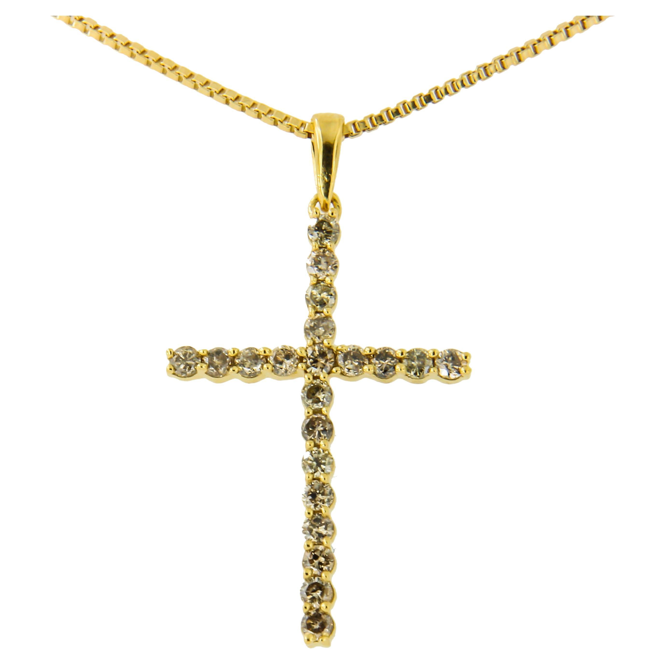 Collier pendentif croix en or jaune 14 carats et argent sterling avec diamants de 1/2 carat