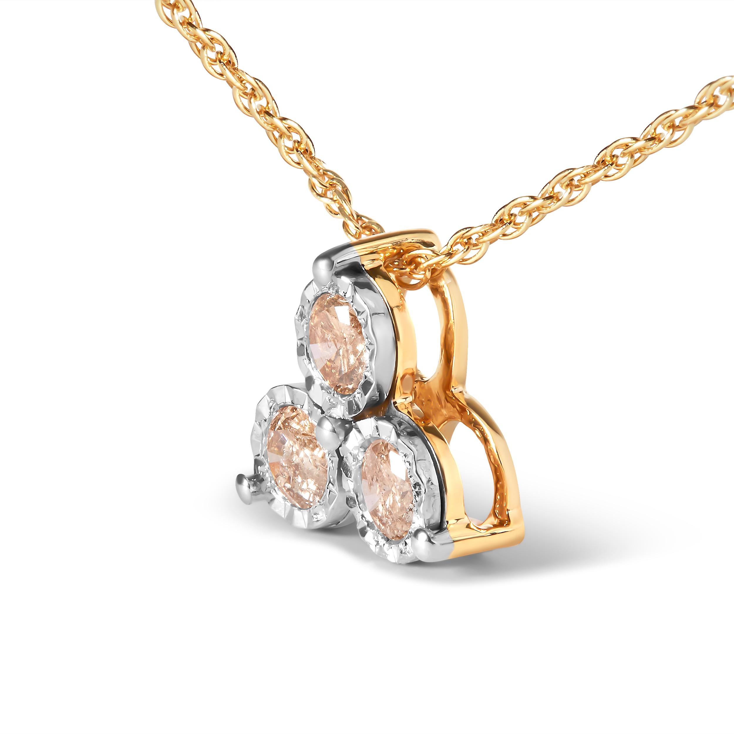 Modern 14K Yellow Gold Over Sterling Silver 1/4ct Diamond 3 Stone Trio Pendant Necklace For Sale