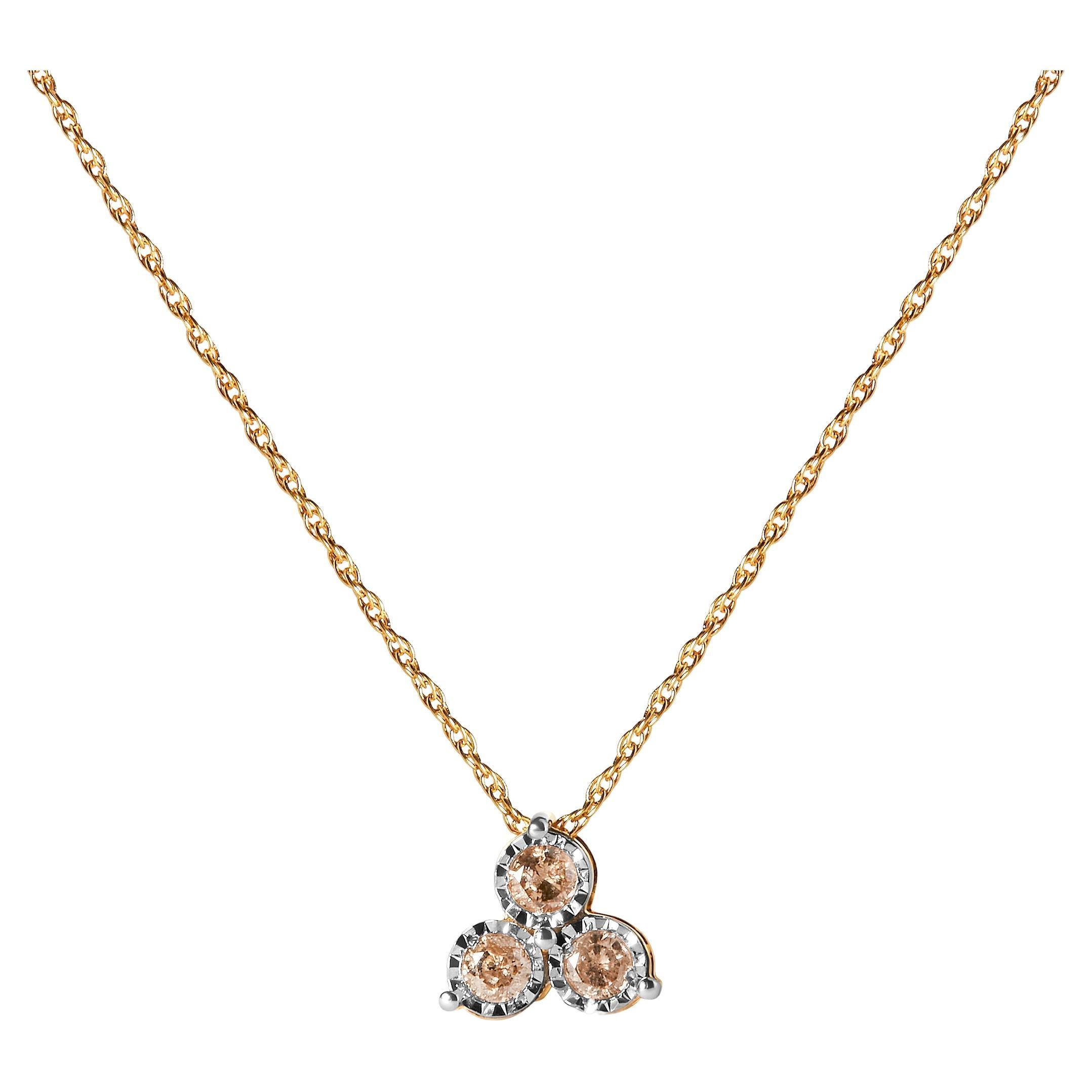 14K Yellow Gold Over Sterling Silver 1/4ct Diamond 3 Stone Trio Pendant Necklace For Sale