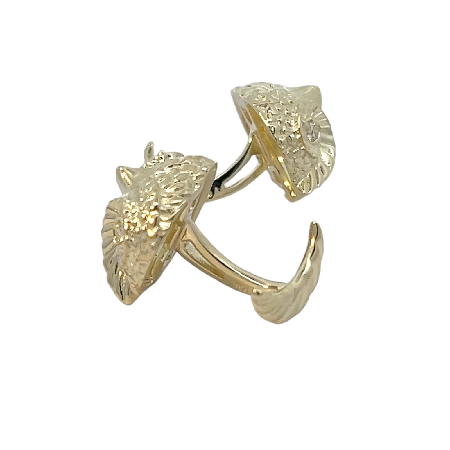 Round Cut 14k Yellow Gold Owl Cufflinks 0.16tct White Diamonds For Sale