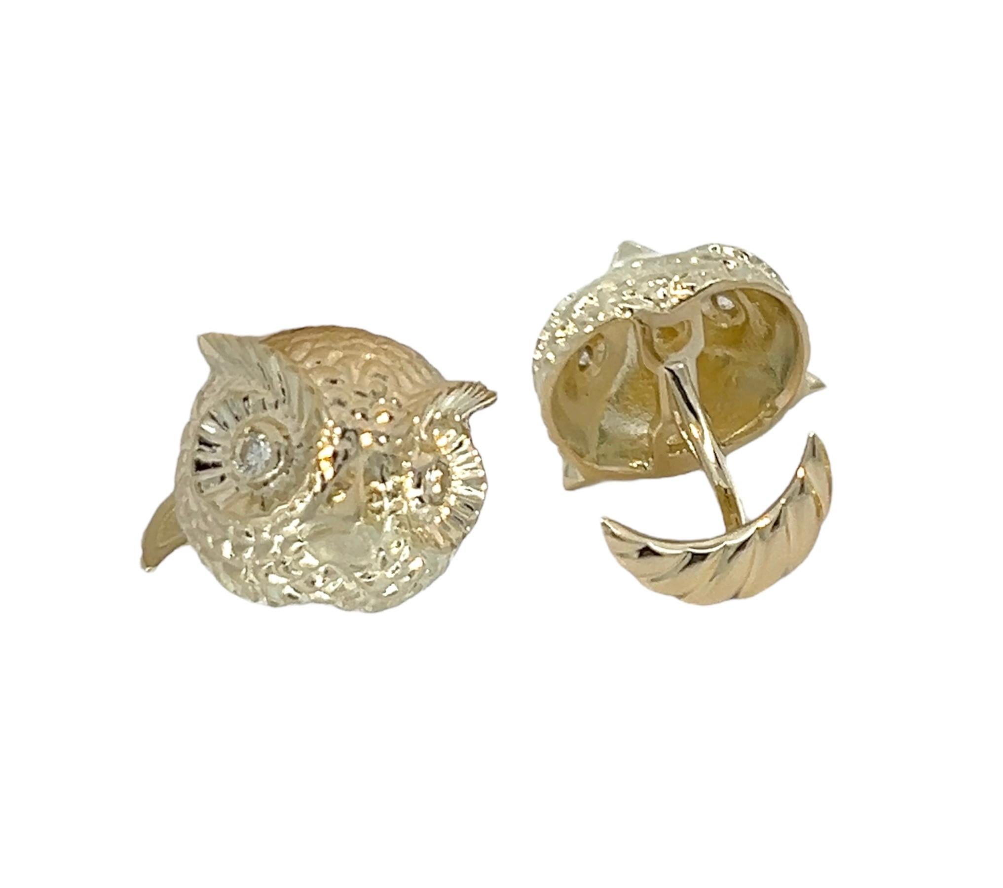 14k Yellow Gold Owl Cufflinks 0.16tct White Diamonds In New Condition For Sale In New York, NY