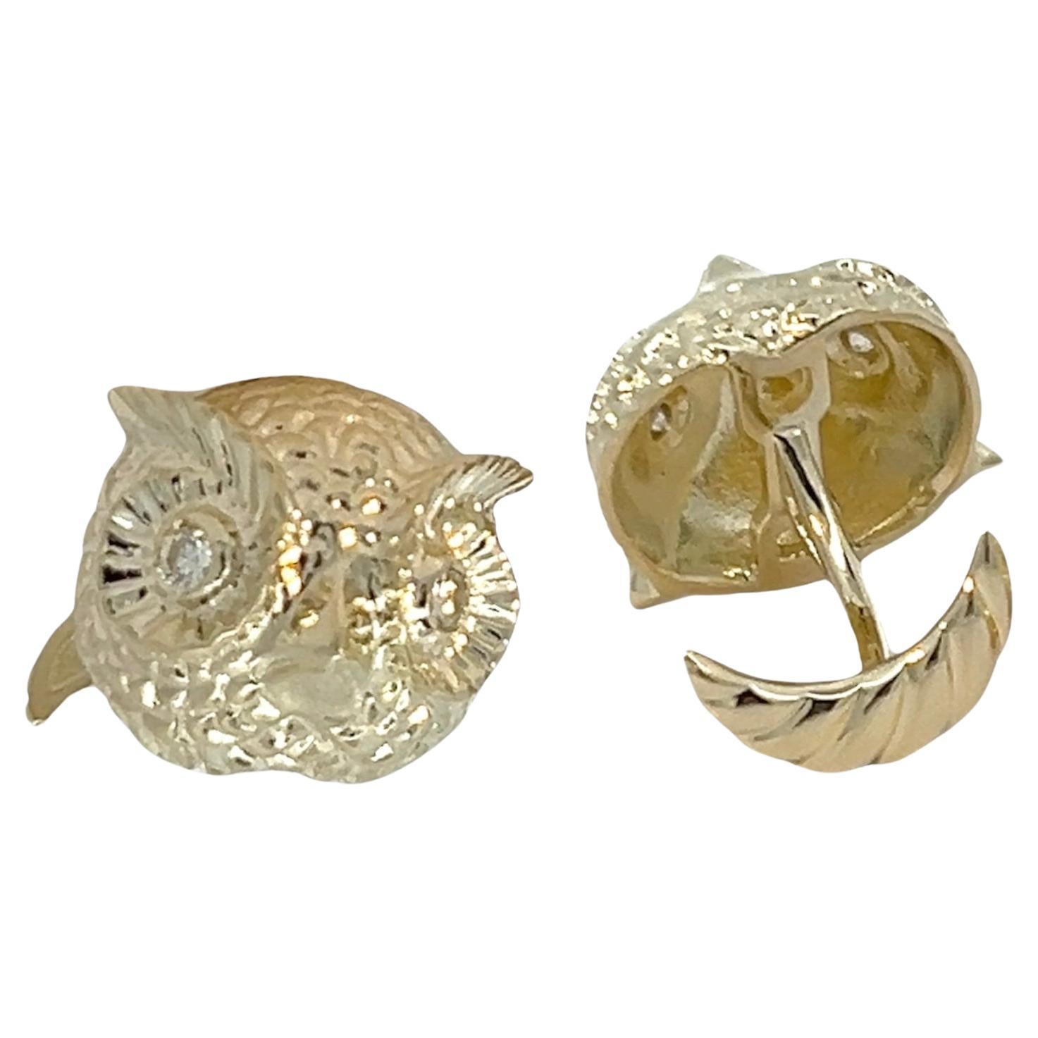 Boutons de manchette hibou en or jaune 14k 0.16tct diamants blancs en vente
