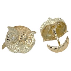 14k Yellow Gold Owl Cufflinks 0.16tct White Diamonds