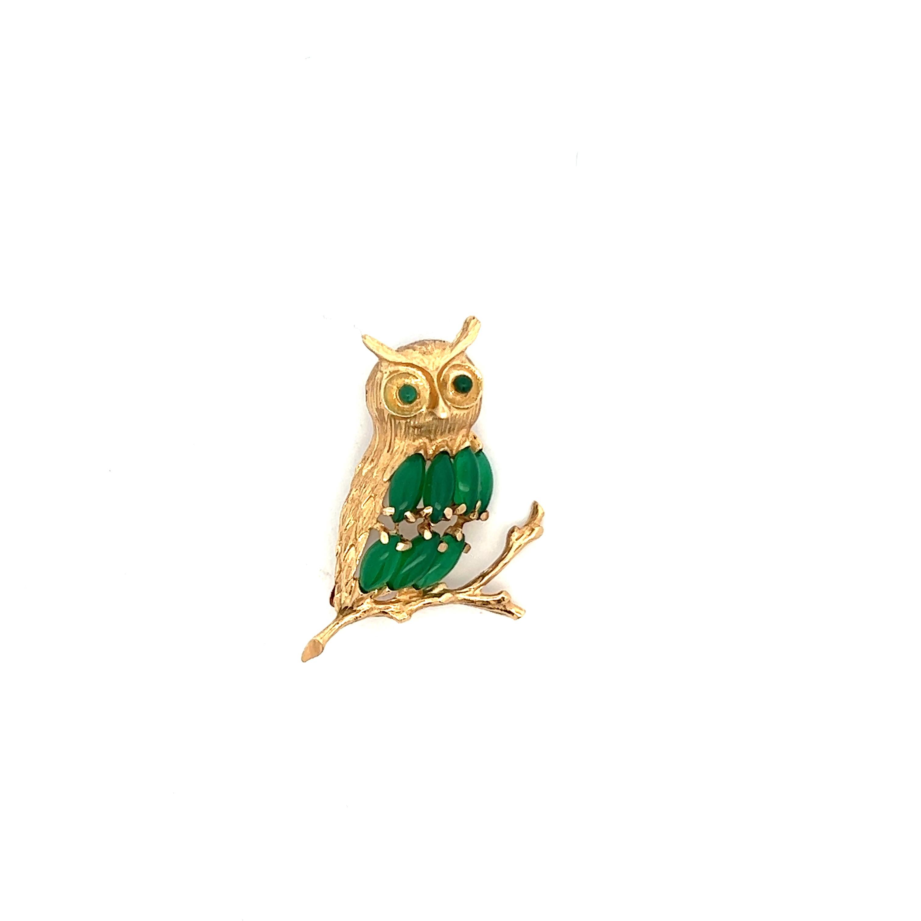 This beautiful owl pin is made in 14k yellow gold with chalcedony eyes and body. This pin is perfect for any owl lover or chalcedony lover, as is shows the embodiment of both. The green  chalcedony provides beautiful contrast with the yellow gold