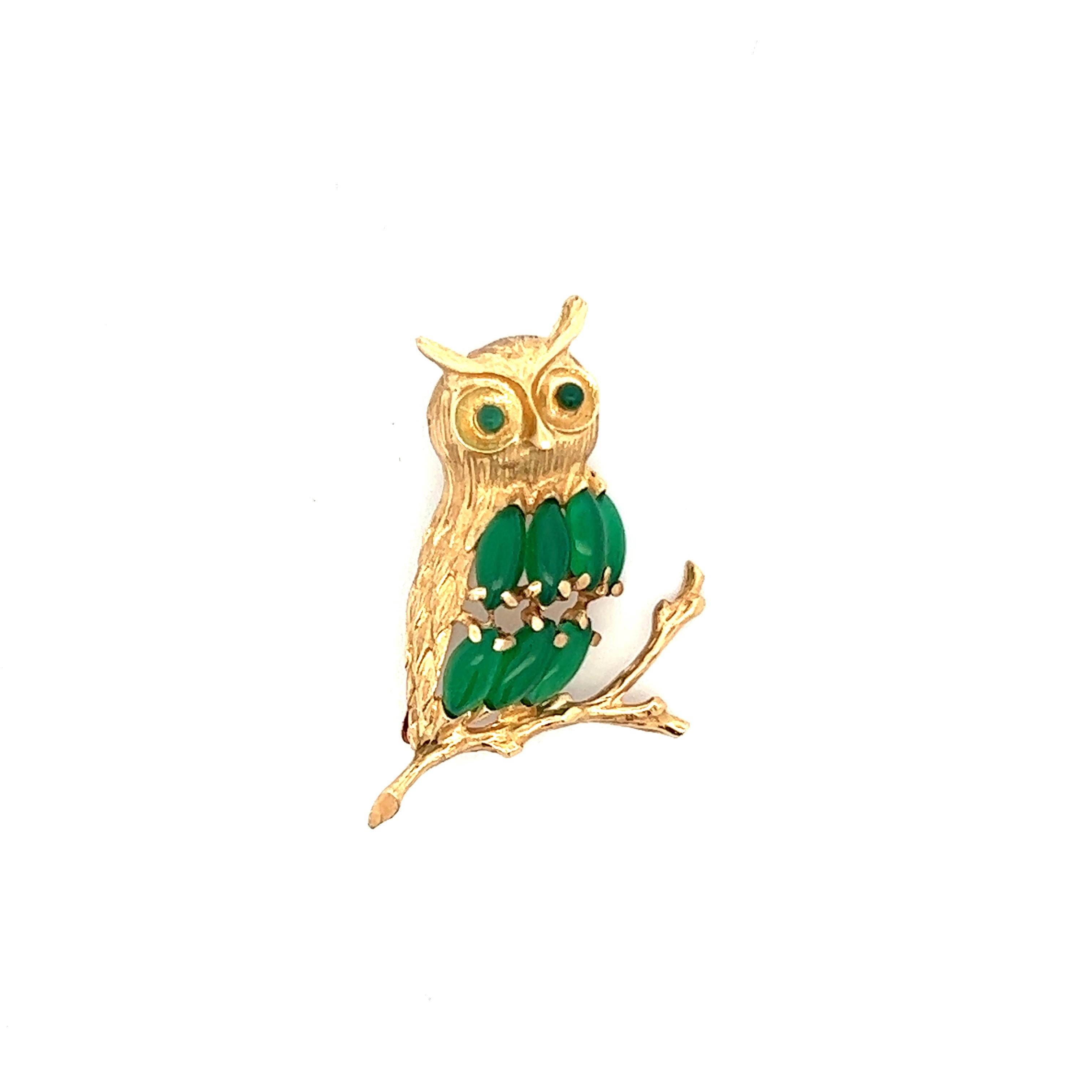 Women's or Men's 14K Yellow Gold Owl Pin with Chalcedony Body and Eyes  For Sale
