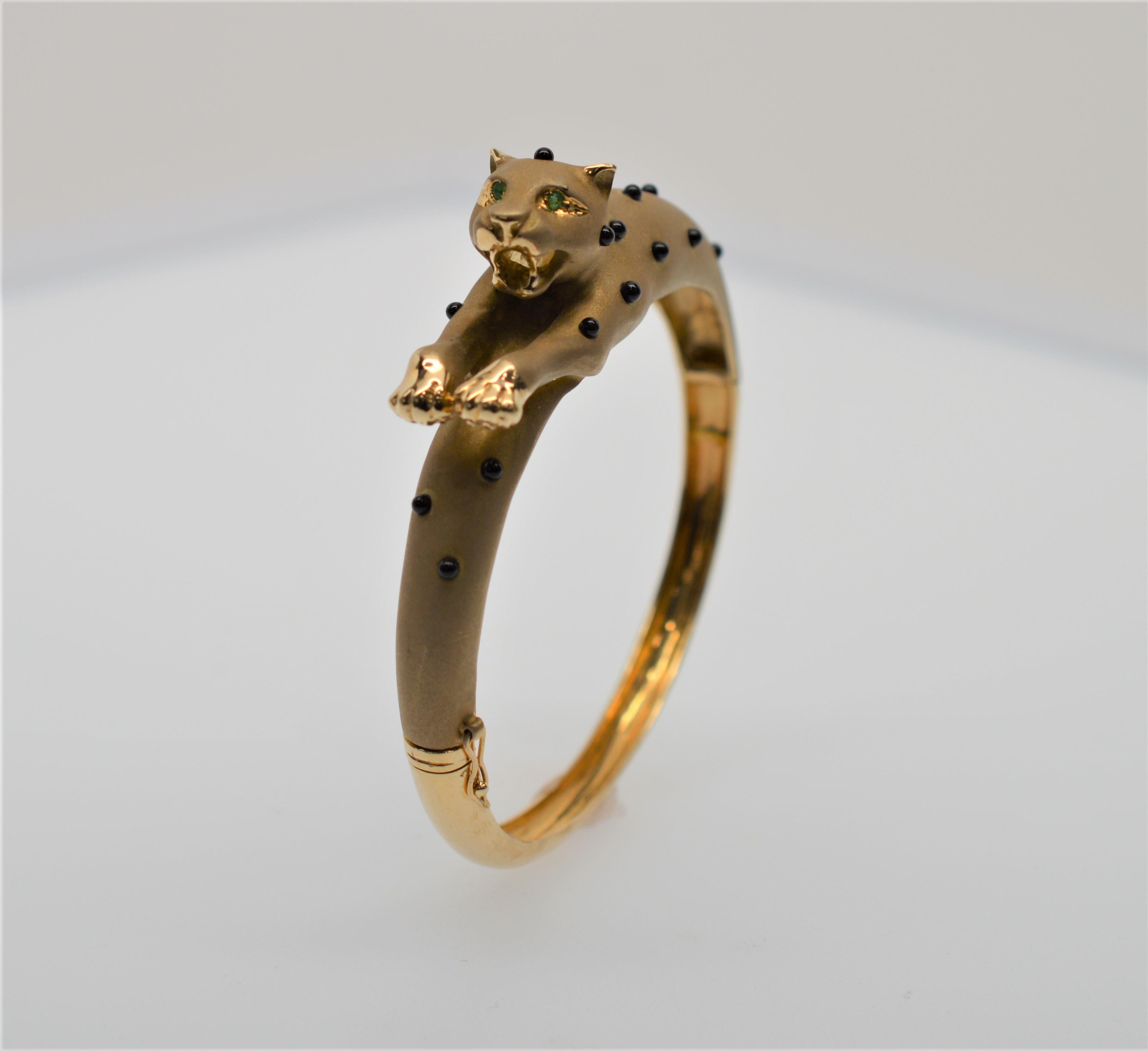 14 Karat Yellow Gold Leopard Bangle Bracelet w Onyx Spots and Emerald ...