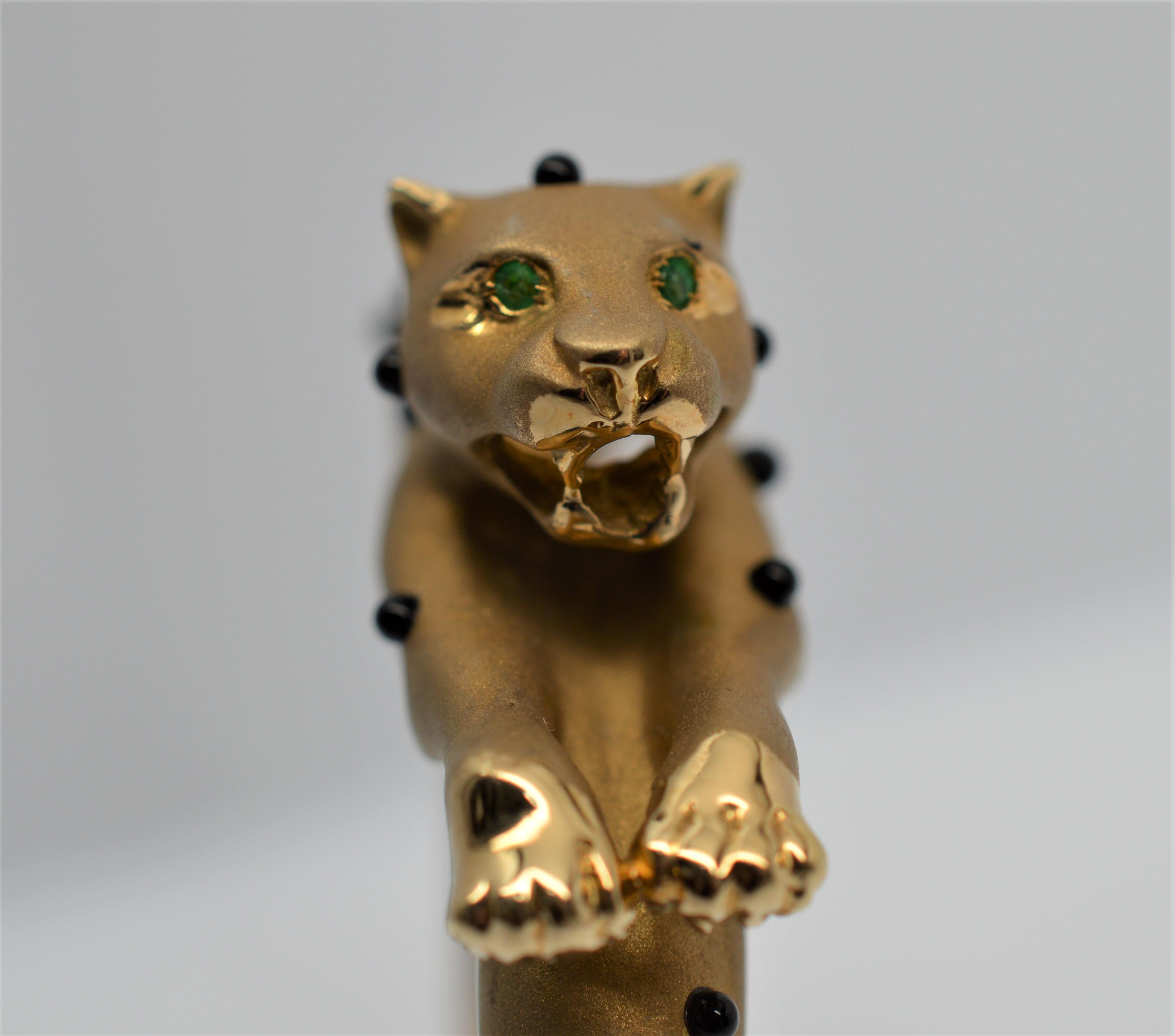 Round Cut 14 Karat Yellow Gold Leopard Bangle Bracelet w Onyx Spots and Emerald Eyes