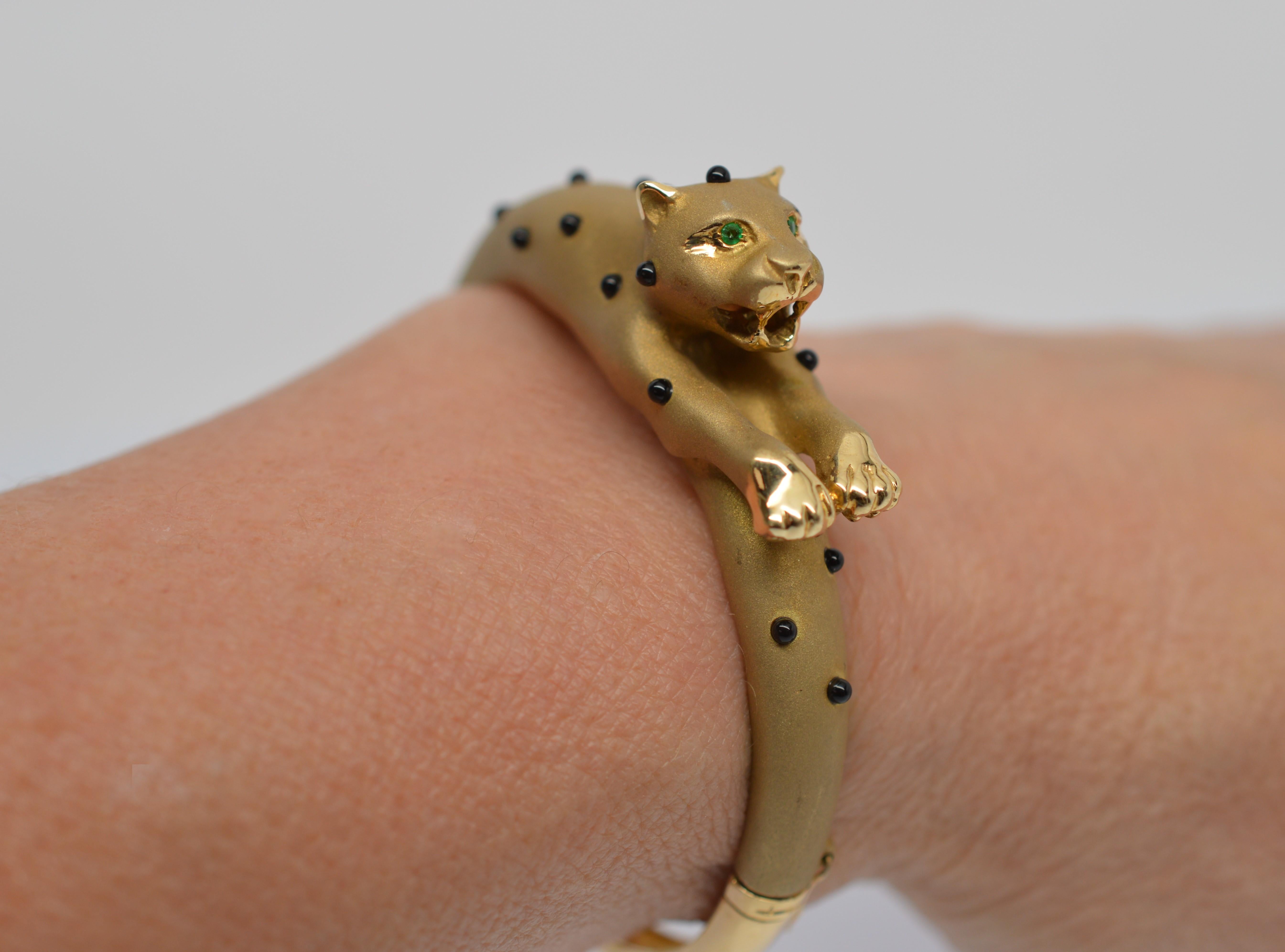 Women's 14 Karat Yellow Gold Leopard Bangle Bracelet w Onyx Spots and Emerald Eyes