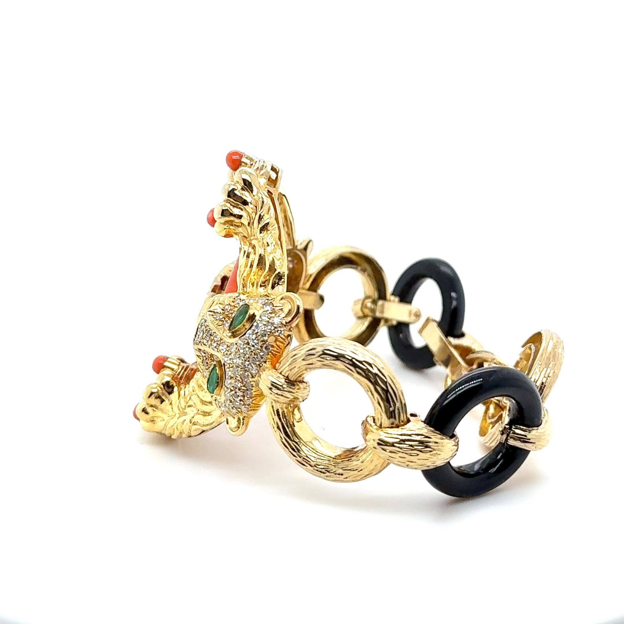 Pulsera Pantera de Oro Amarillo de 14 K - Coral, Ónix Negro, Esmeraldas en forma de pera Corte pera en venta