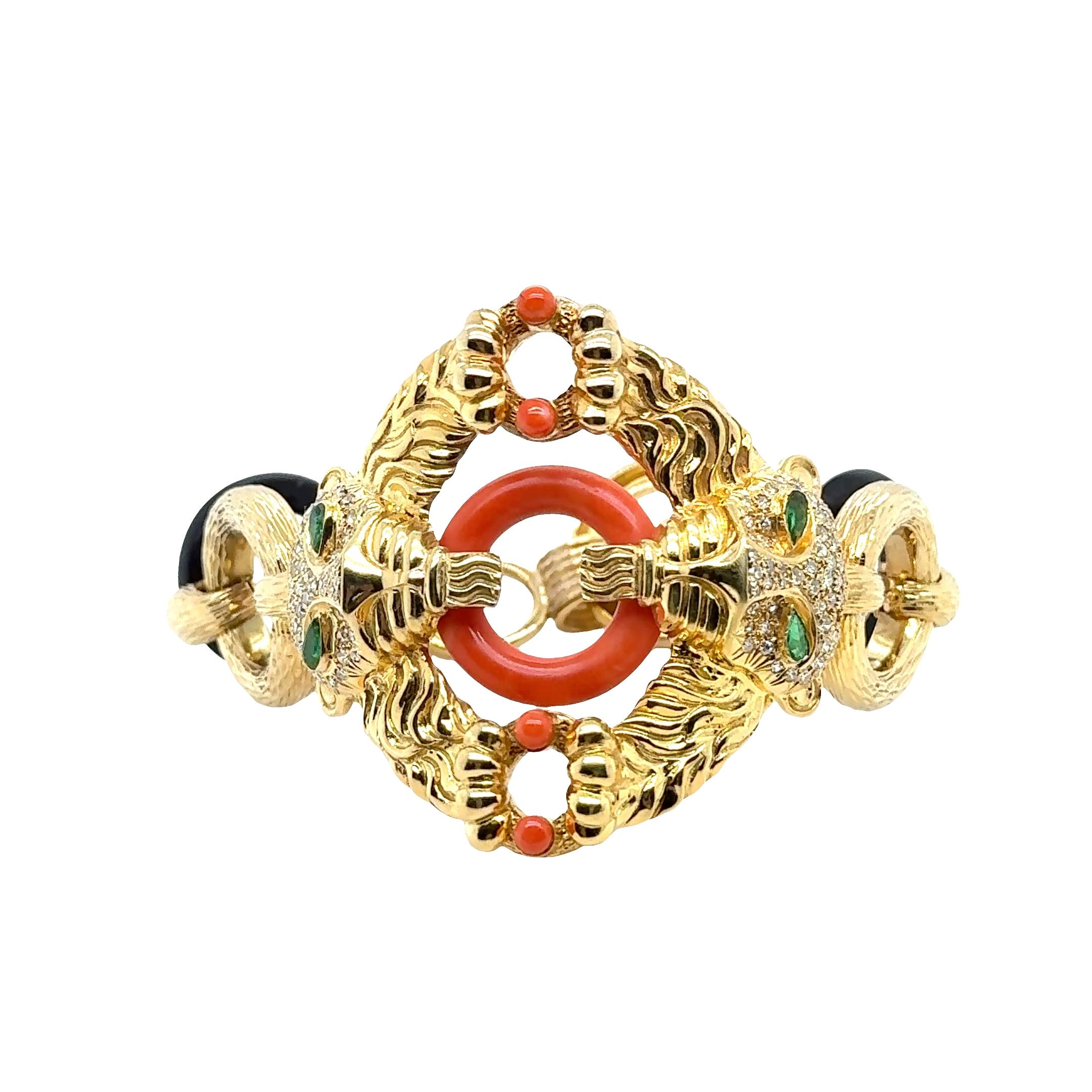 Femenino o masculino Pulsera Pantera de Oro Amarillo de 14 K - Coral, Ónix Negro, Esmeraldas en forma de pera en venta