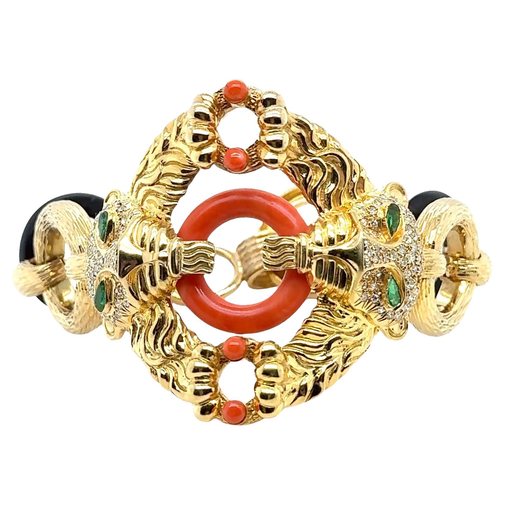 Pulsera Pantera de Oro Amarillo de 14 K - Coral, Ónix Negro, Esmeraldas en forma de pera en venta