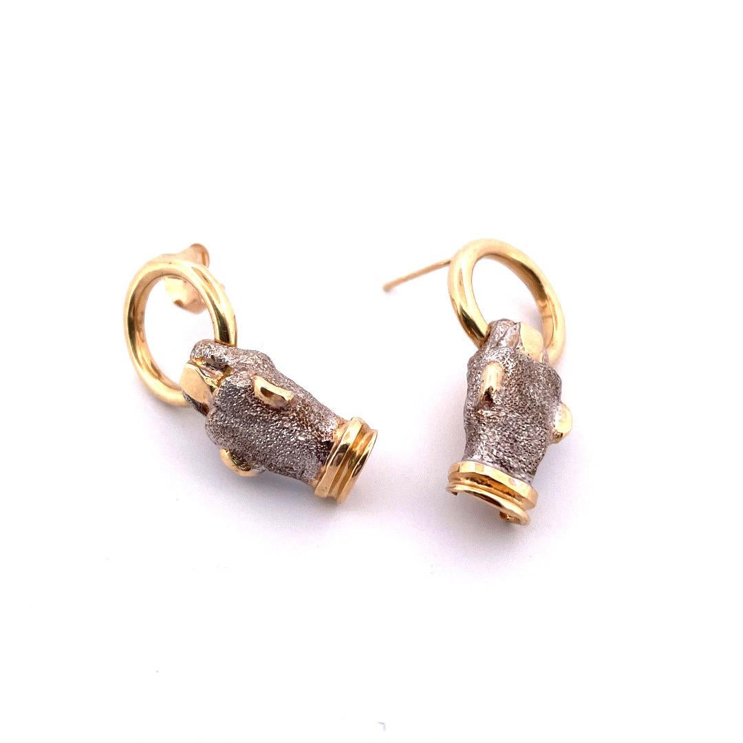 Modern 14k Yellow Gold Panther Dangling Two Tone Earrings For Sale
