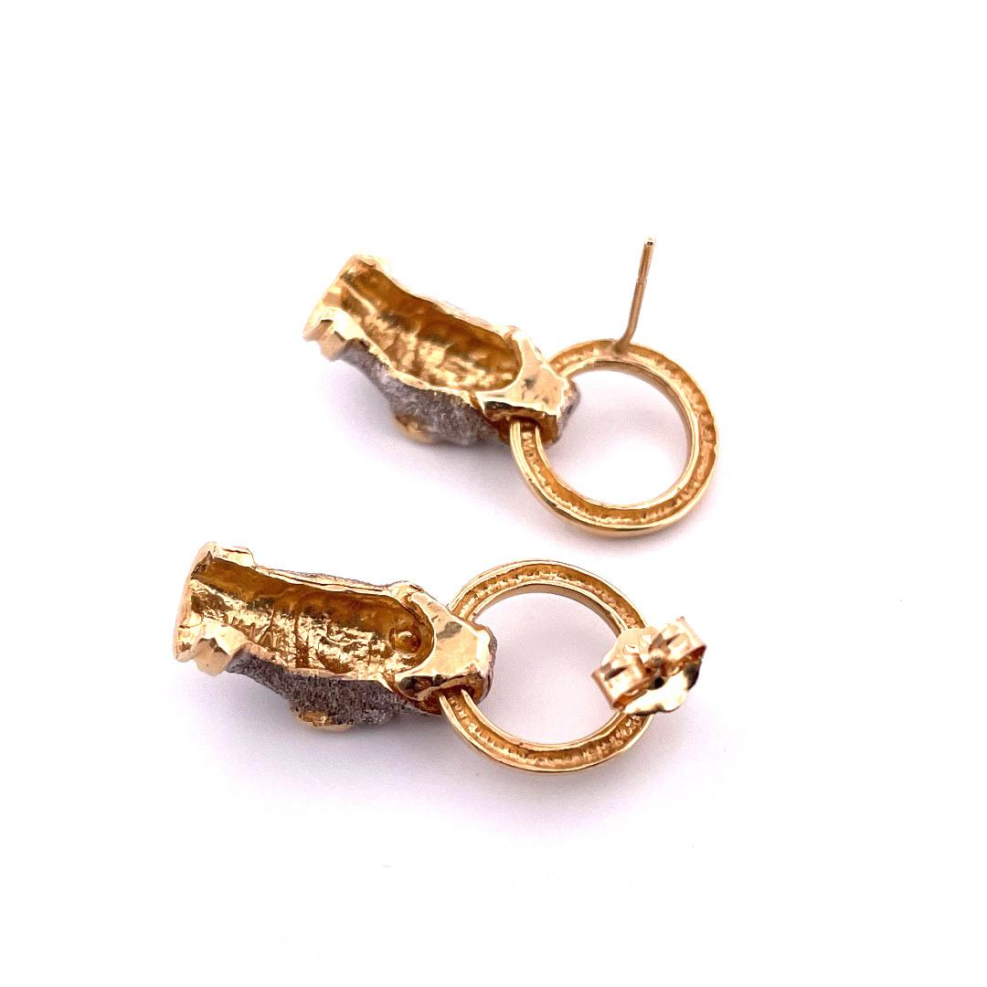 14k Yellow Gold Panther Dangling Two Tone Earrings In New Condition For Sale In New York, NY