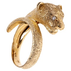 Vintage 14K Yellow Gold Panther Ring with Diamond Eyes