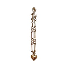 14K Yellow Gold Paper Clip Link Bracelet With Heart Charm #17316