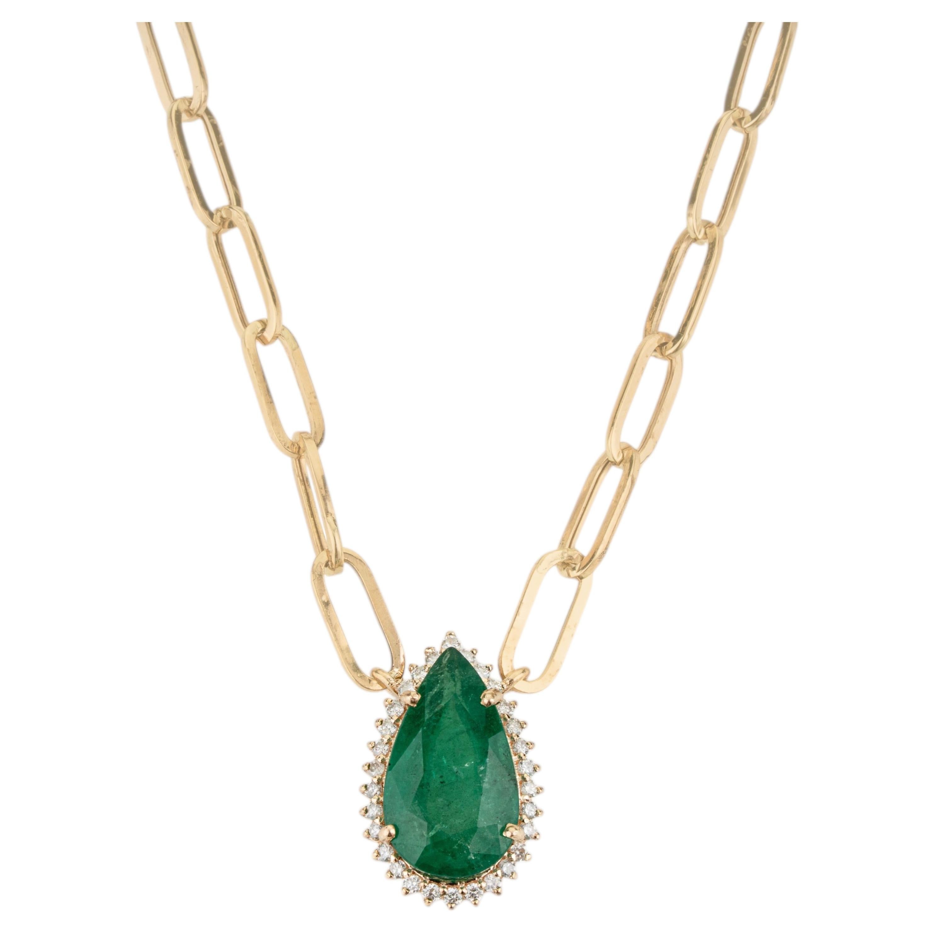 14K Gelbgold Büroklammerkette mit 3,82ct Birne Smaragd & Diamant Halo