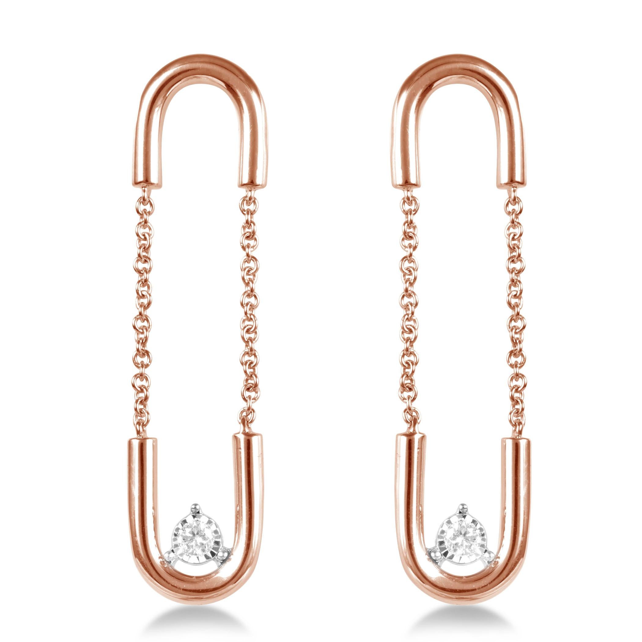 Round Cut 14K Yellow Gold Paperclip Dangling Diamond Earrings For Sale