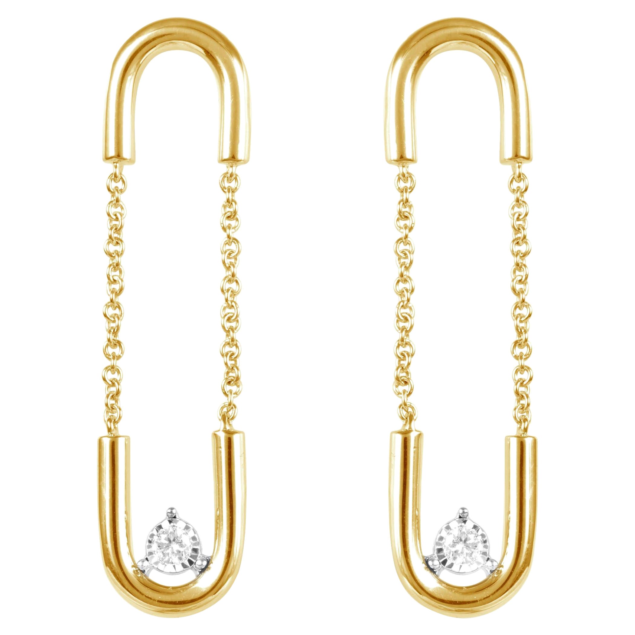 14K Yellow Gold Paperclip Dangling Diamond Earrings For Sale