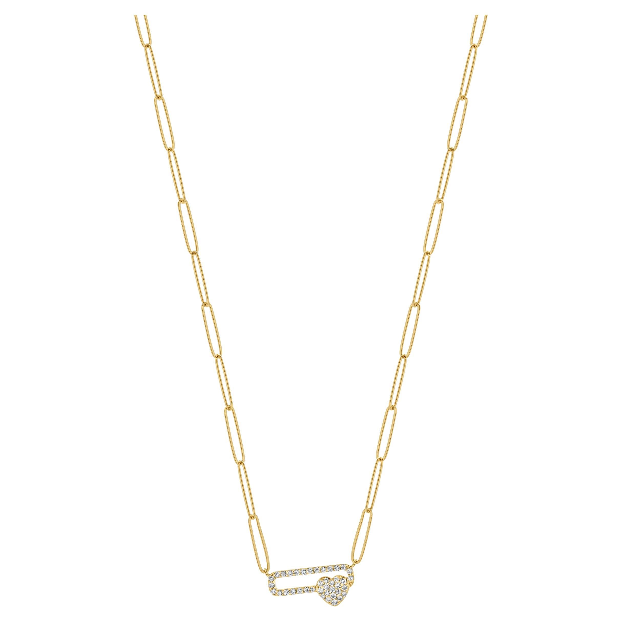 14k Yellow Gold Paperclip Diamond Heart Bar Necklace