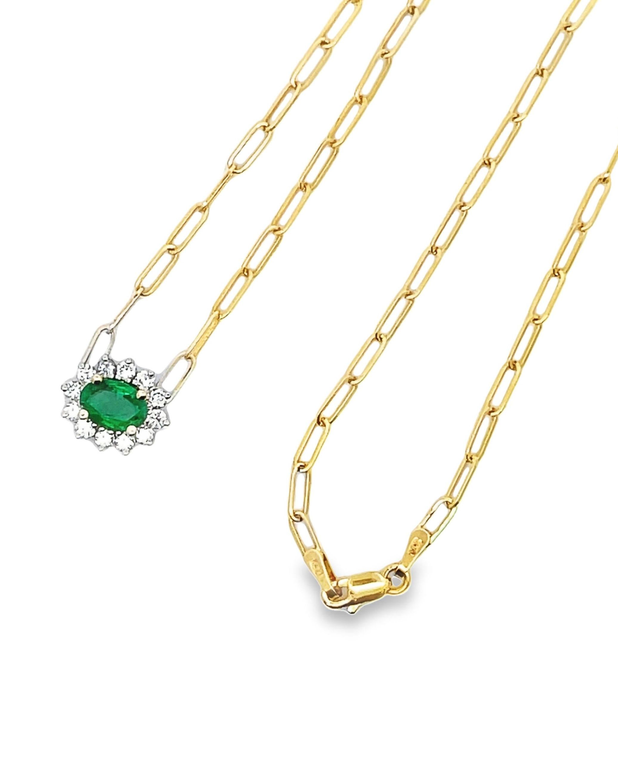 14K yellow gold necklace with 12 round brilliant-cut diamonds weighing 0.35 carats total and one center fine quality oval shape emerald weighing 1.00 carats.

- 16 inches long
- Diamonds are G color, VS clarity