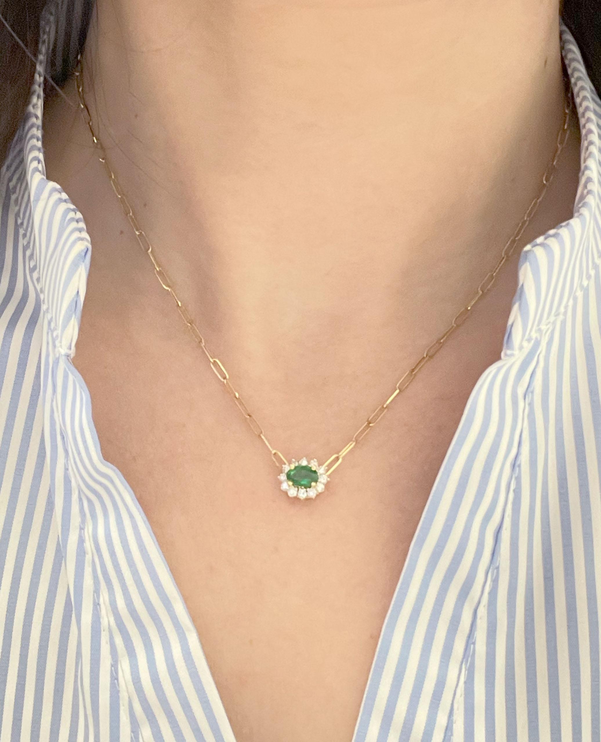 Oval Cut 14K Yellow Gold Paperclip Necklace with Emerald and Diamond Pendant