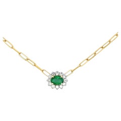 14K Yellow Gold Paperclip Necklace with Emerald and Diamond Pendant
