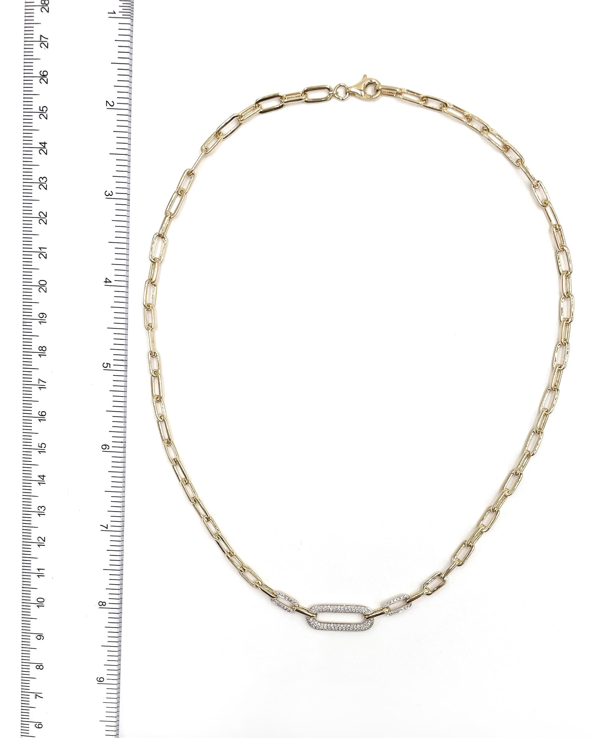 14K Gelbgold Büroklammer Halskette mit runden  Diamanten - 18 Zoll lang (Rundschliff) im Angebot