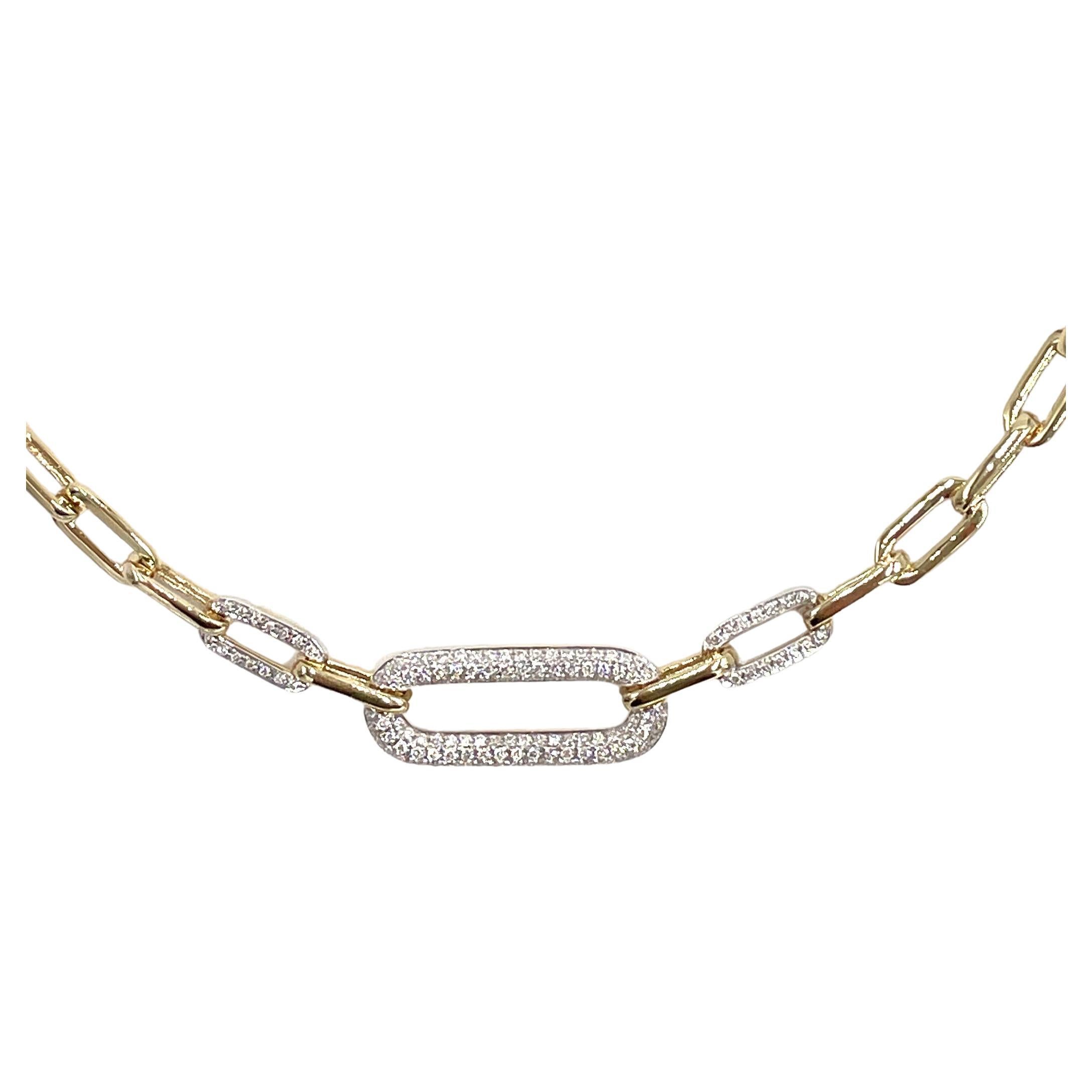 14K Yellow Gold Paperclip Necklace with Round  Diamonds - 18 inches long