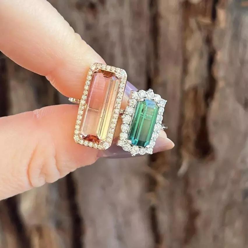 Art Deco 14K Yellow Gold Parti-Colored Natural Pink Tourmaline & Diamond Halo Ring For Sale