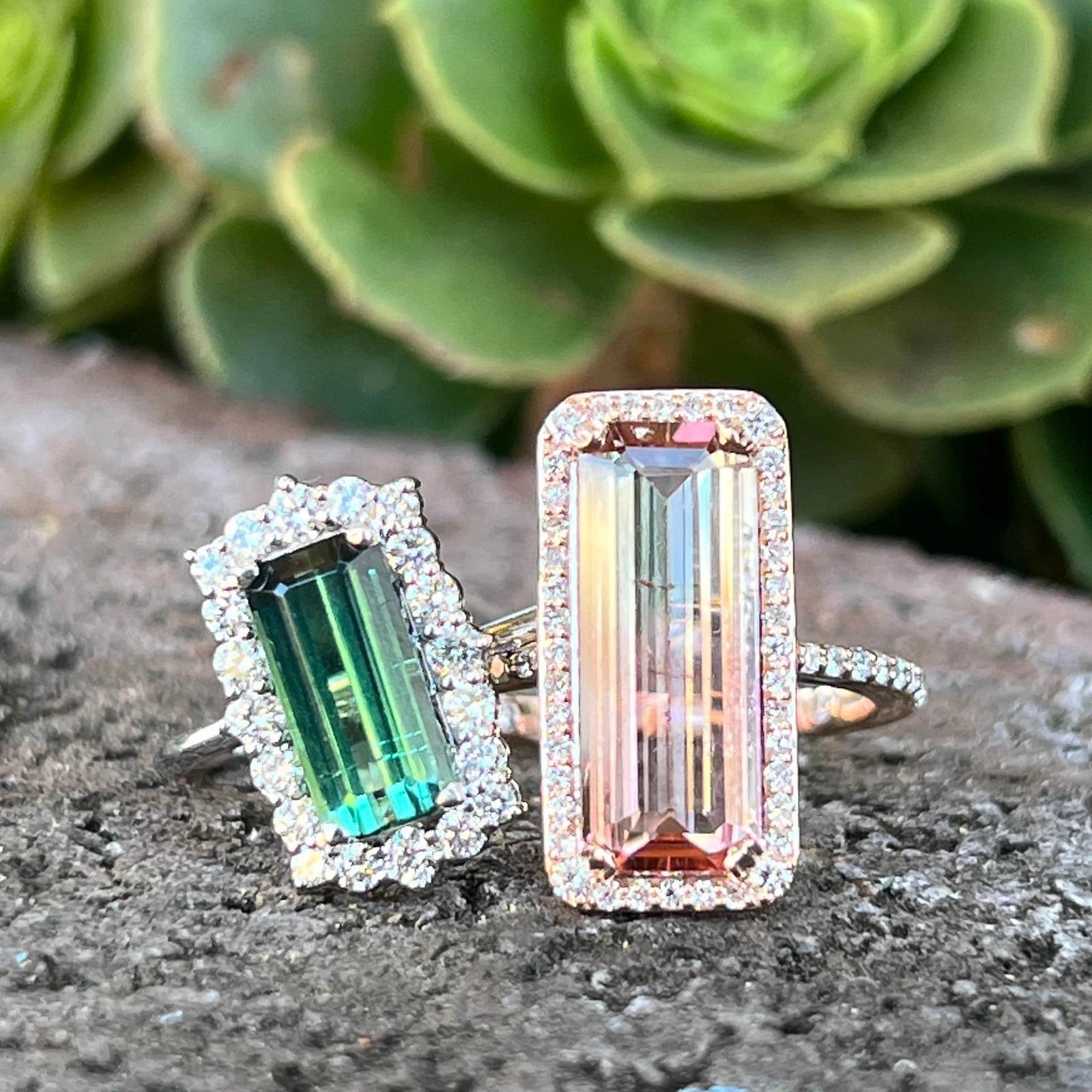 Emerald Cut 14K Yellow Gold Parti-Colored Natural Pink Tourmaline & Diamond Halo Ring For Sale