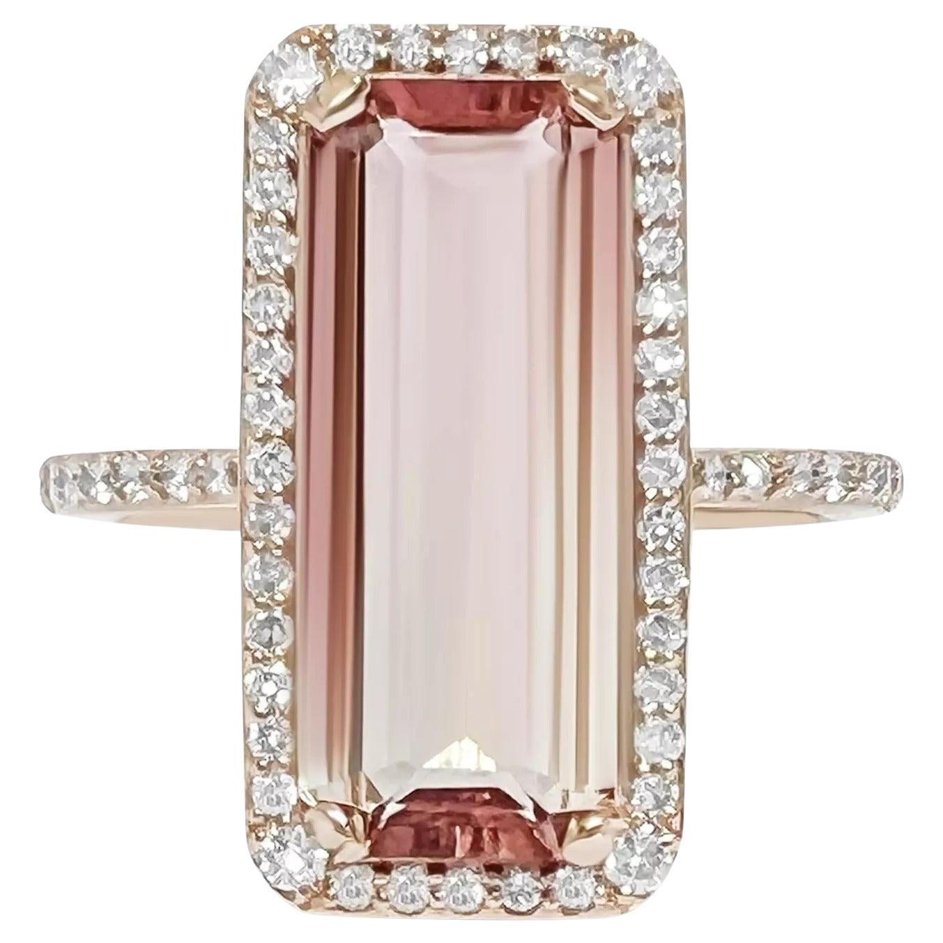 14K Yellow Gold Parti-Colored Natural Pink Tourmaline & Diamond Halo Ring For Sale
