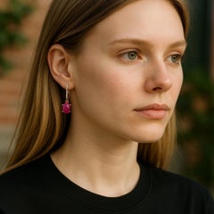 14K Yellow Gold Pave Diamond and Burma Ruby Shepherd Hoop Earrings
