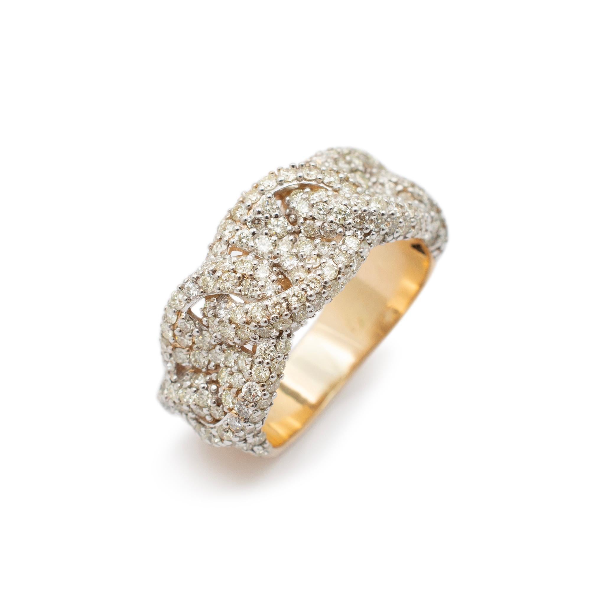 Gender: Ladies

Metal Type: 14K Yellow Gold

Size: 8.5

Shank Maximum Width: 10.75 mm tapering to 5.20 mm

Weight: 7.50 grams

14K yellow gold diamond cuban band ring with a half round shank.

Pre-owned in excellent condition. Might shows minor